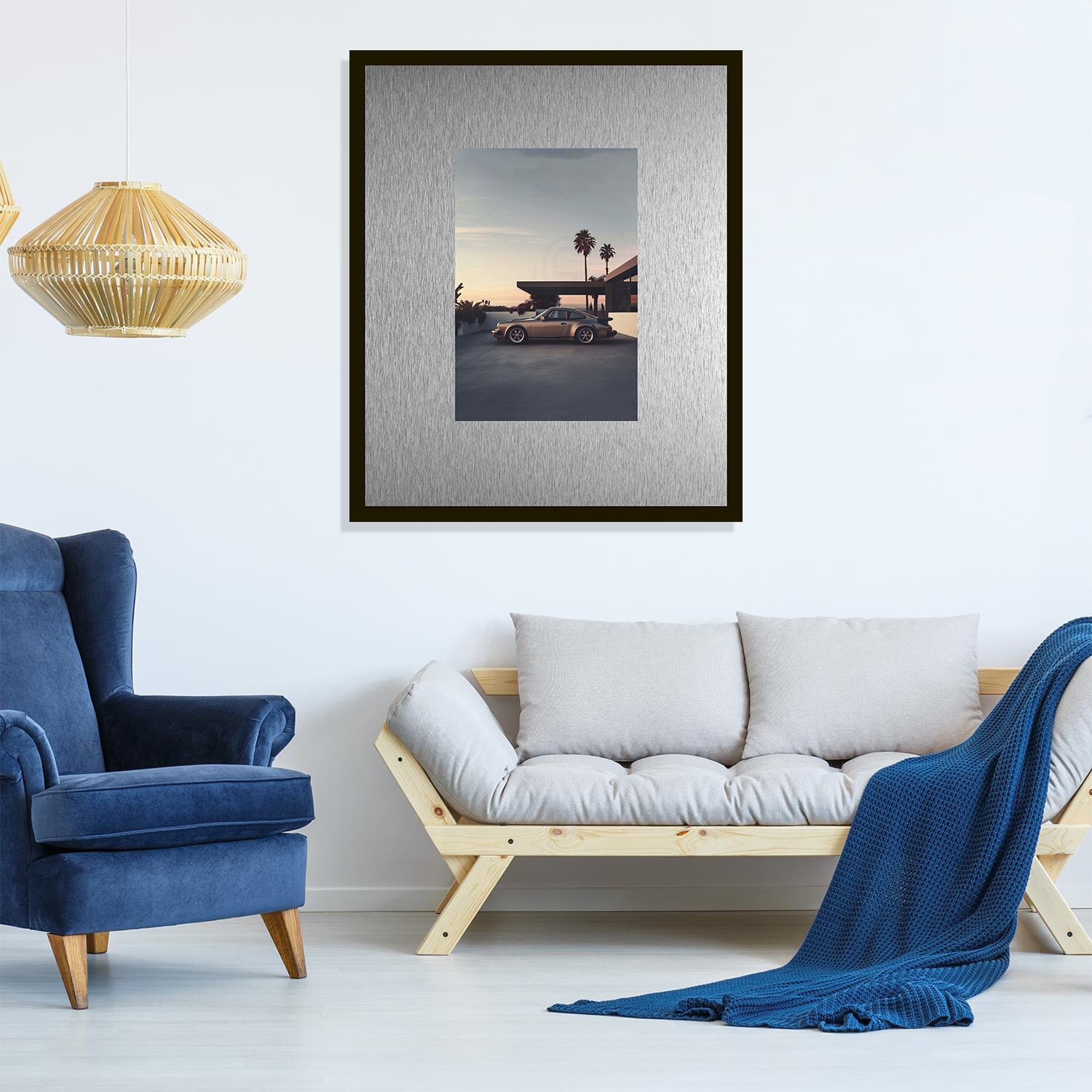 queence Bild »Trend Wandbild, Wandkunst, Kunstdruck "Rennwagen in Palm Springs"« Amerika | Auto | Fashion 1 Stk. tlg. inkl. Passepartout aus hochwertigem Aluminium und schwarzem Rahmen