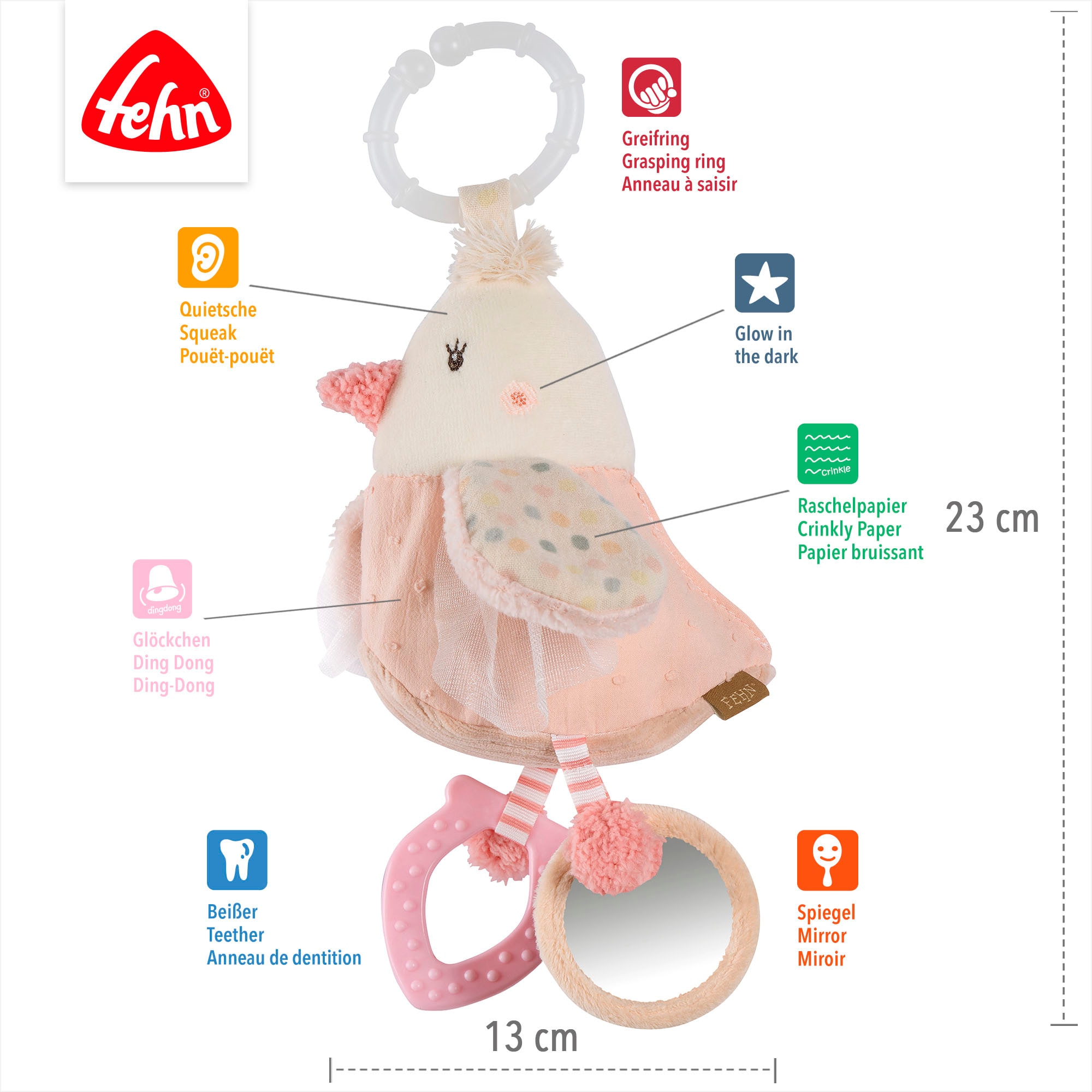 Fehn Greifspielzeug »feehnLAND, Activity-Vogel« zur Befestigung an Kinderwagen, Babyschale oder Bett