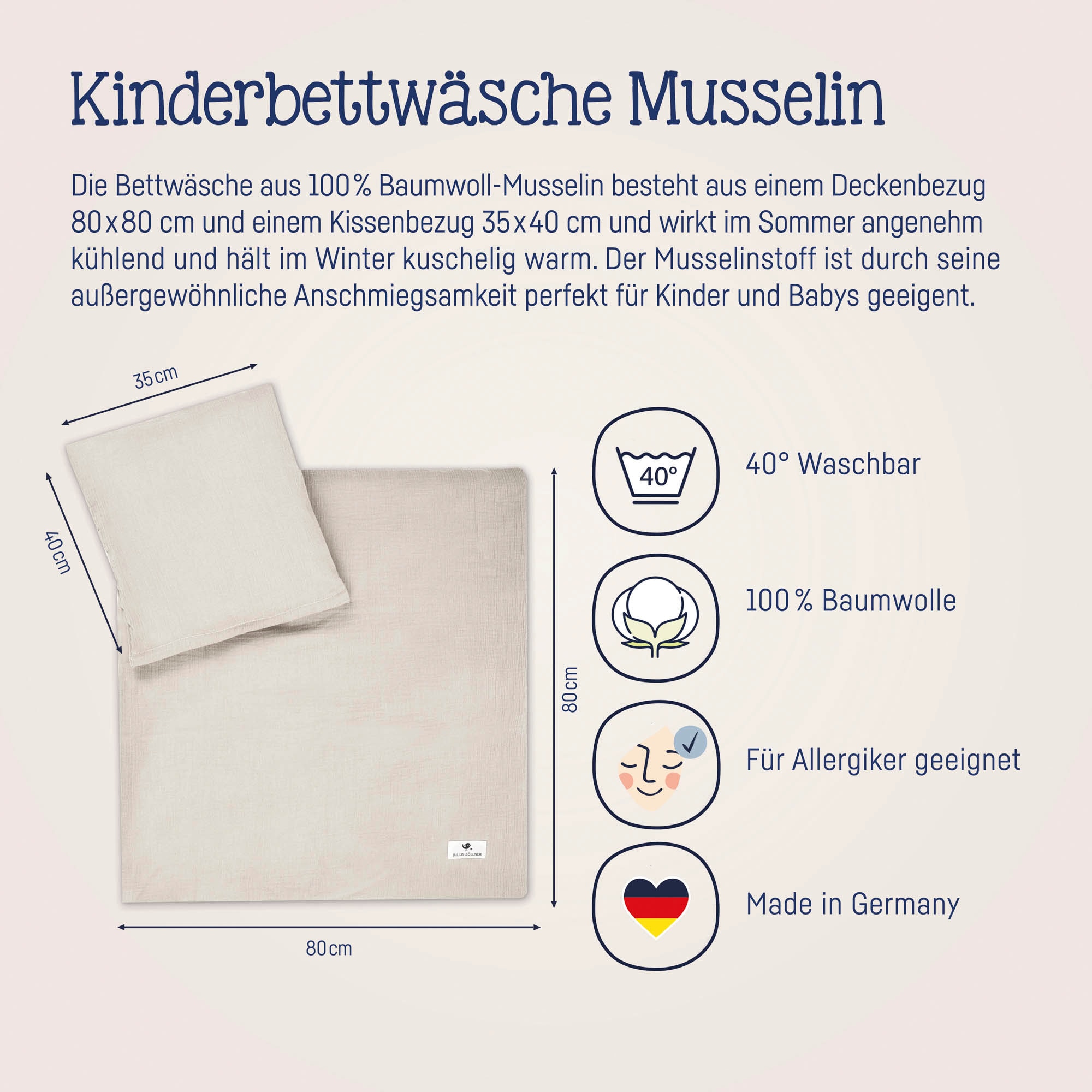 Julius Zöllner Kinderbettwäsche »Baby- und Kinderbettwäsche aus 100% Musselin«, erhältlich in den Grössen 80x80+35x40cm und 100x135+40x60cm