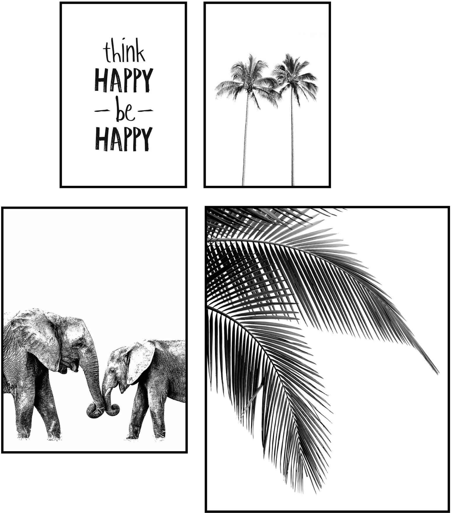 ♕ Reinders! Wandbild »Wandbilder Set Be Happy Palm - Baum - Modern - Elefant  - Glück«, Schriftzug, (4 St.) versandkostenfrei auf