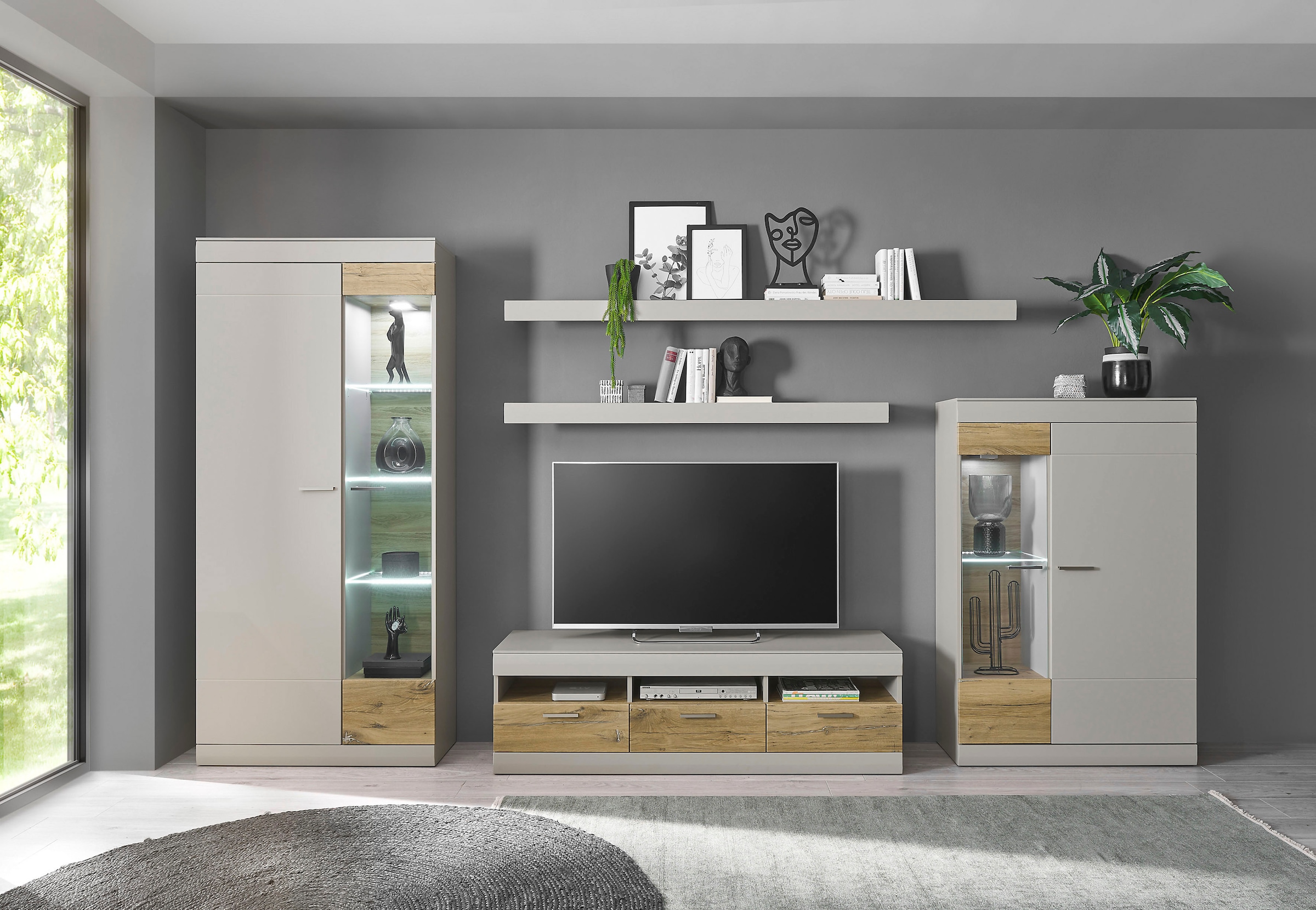 INOSIGN Wohnwand »SCARA«, (5 St.), trendige Farbe mit Applikation Zinneiche Dekor, mit Softclose-Funktion