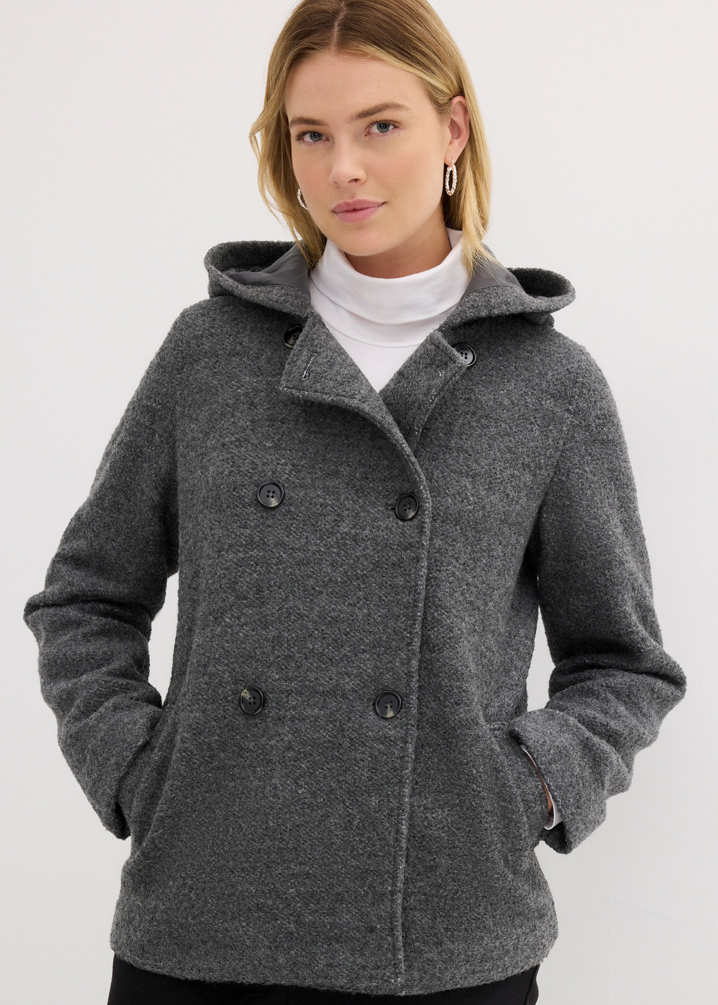 bonprix Cabanjacke mit Kapuze moderner Look, aus kuscheligem Bouclé-Material, mit Kapuze
