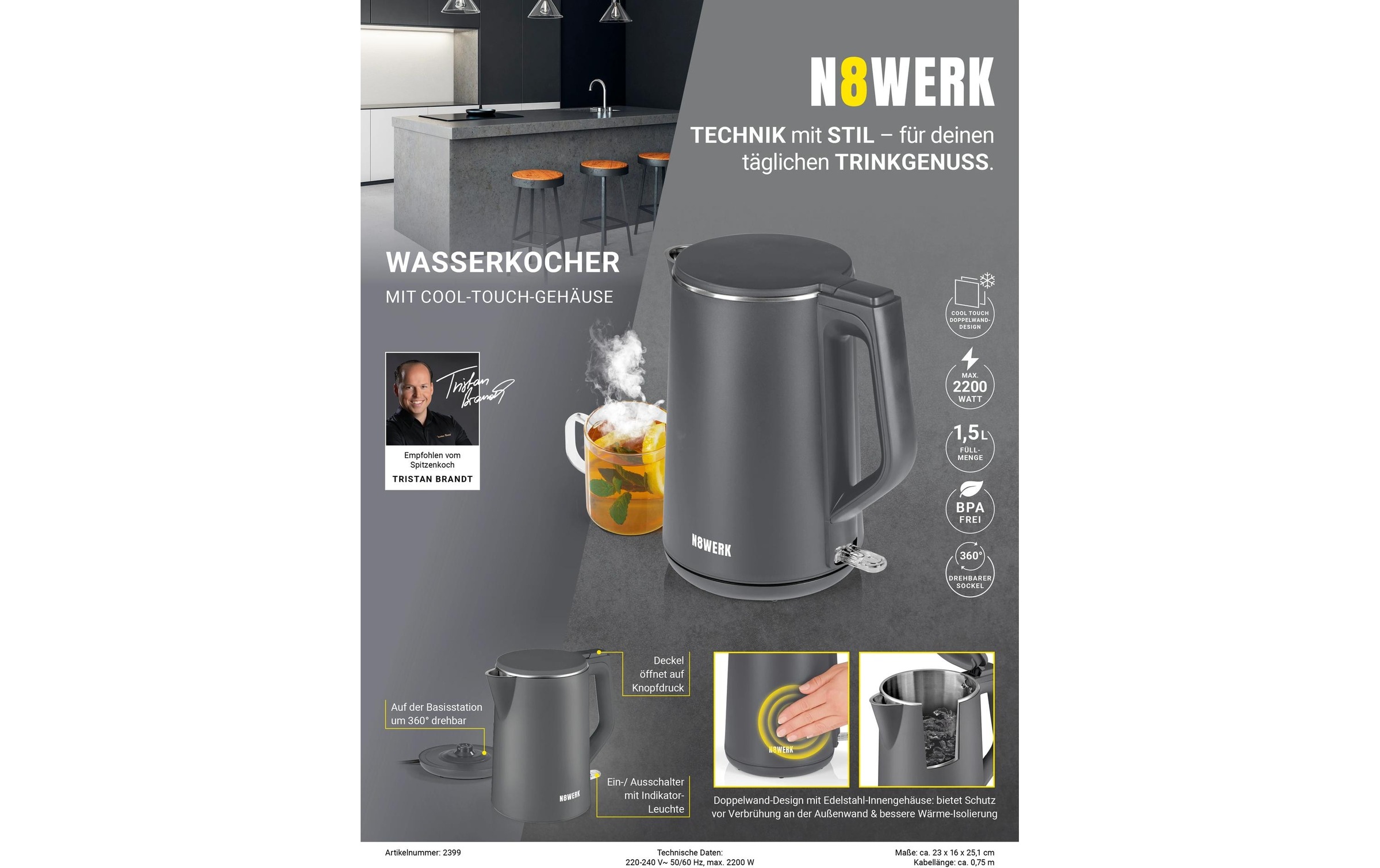 Wasserkocher »N8Werk Cool-Touch 45413 l, Schwarz«, 1,5 l, 2200 W