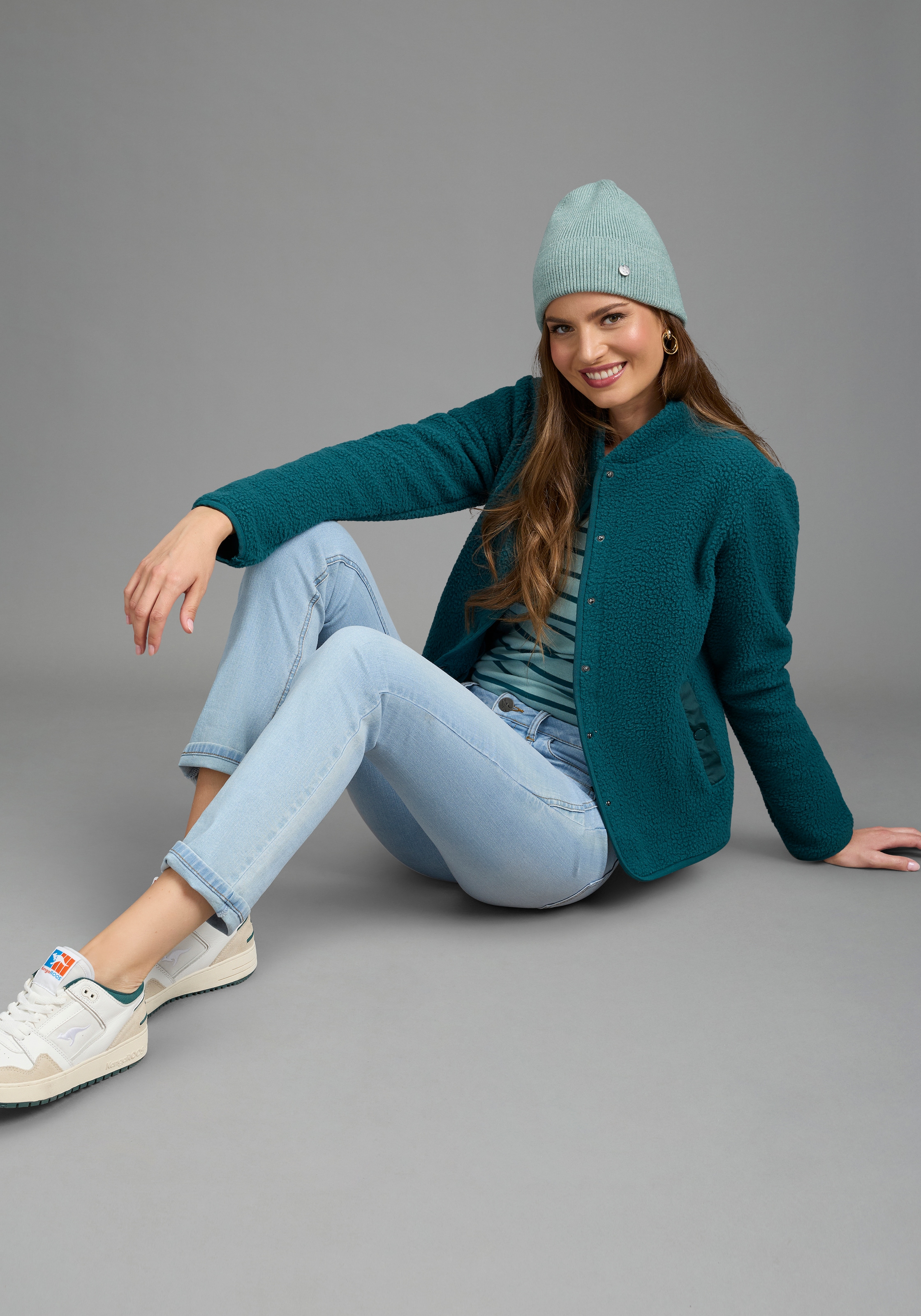Polarino Fleecejacke ohne Kapuze aus Teddy-Fleece, Übergangsjacke mit Stehkragen und Knöpfen