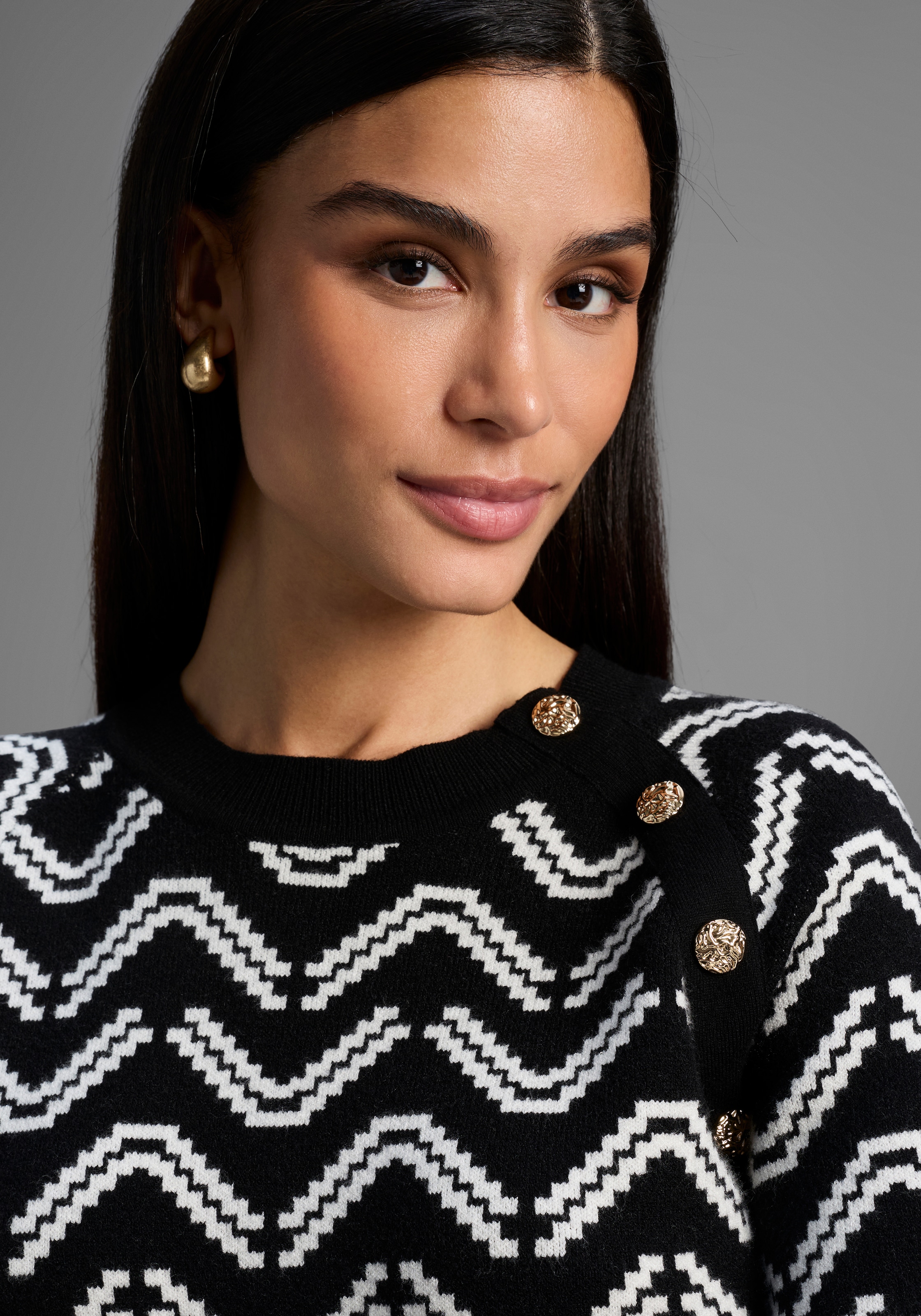 Laura Scott Pull à col rond kuscheliger Strick mit Jaquardmuster und Knöpfen - NEUE KOLLEKTION