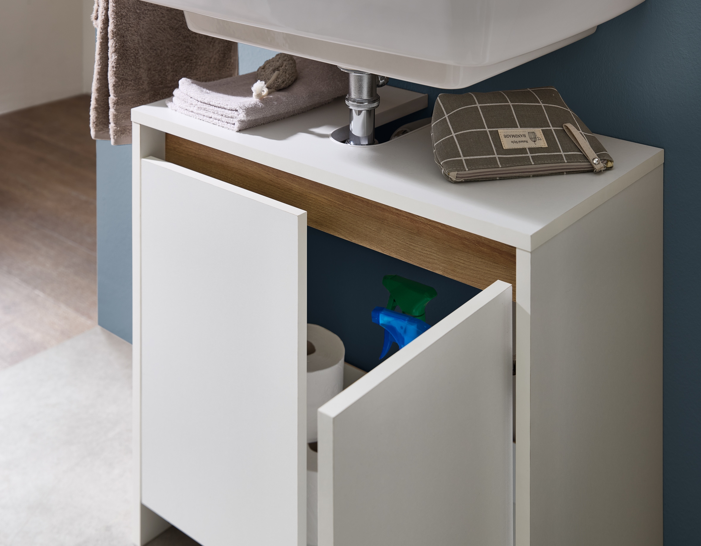 Saphir Armoire sous lavabo »Quickset 100, 2 Türen, Siphonausschnitt« meuble sous-lavabo sans poignée, 61,6 cm de large, avec joint accentué