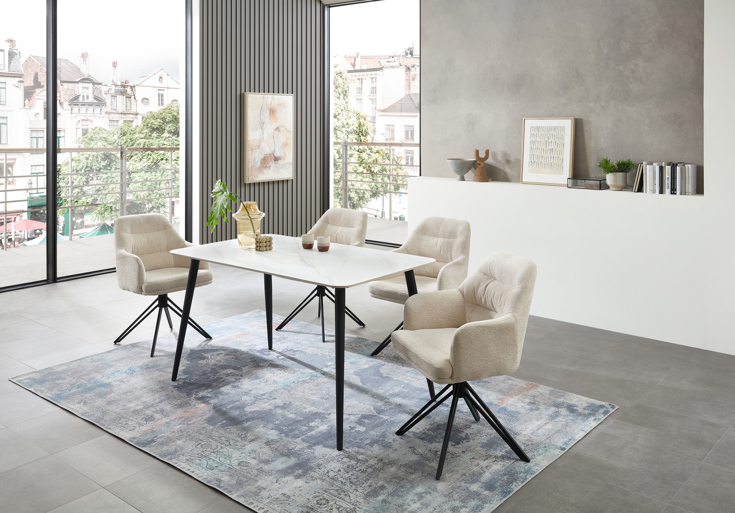 Stolkom Esstisch »Cody Esszimmertisch Keramik, Weiss marmoriert, BxHxT 140x76x80 cm«, Keramikoberfläche weiss marmoriert, 4-Fuss Gestell Schwarz matt