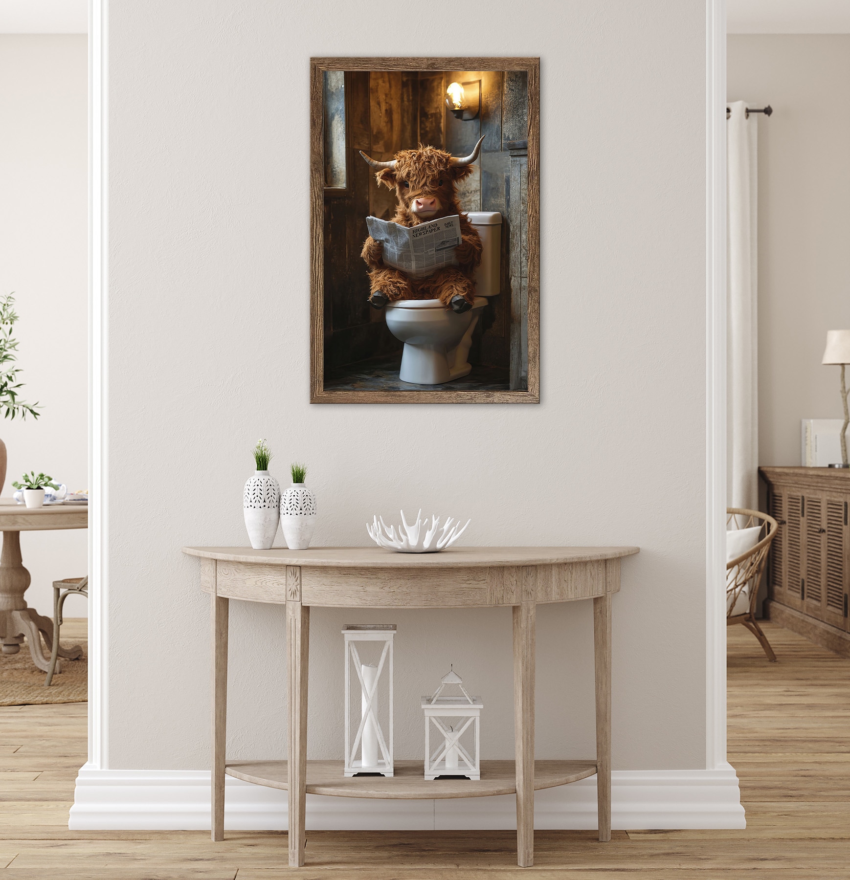 Bönninghoff Bild mit Rahmen »Wandbild gerahmt HIGHLAND NEWS 50x70 cm – Lustiges Hochlandrind Bad« Hochlandrind | Humor | Tiere 1 Stk. tlg. mit dekorativem Rahmen