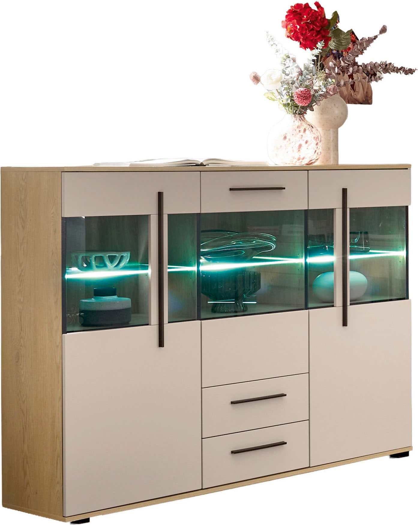 Home affaire Buffet haut »Cantara, moderner Schrank, Vitrine in Eiche Dekor, Weiss oder Kaschmir« poignées noires en barre, espace de rangement suffisant, polyvalent