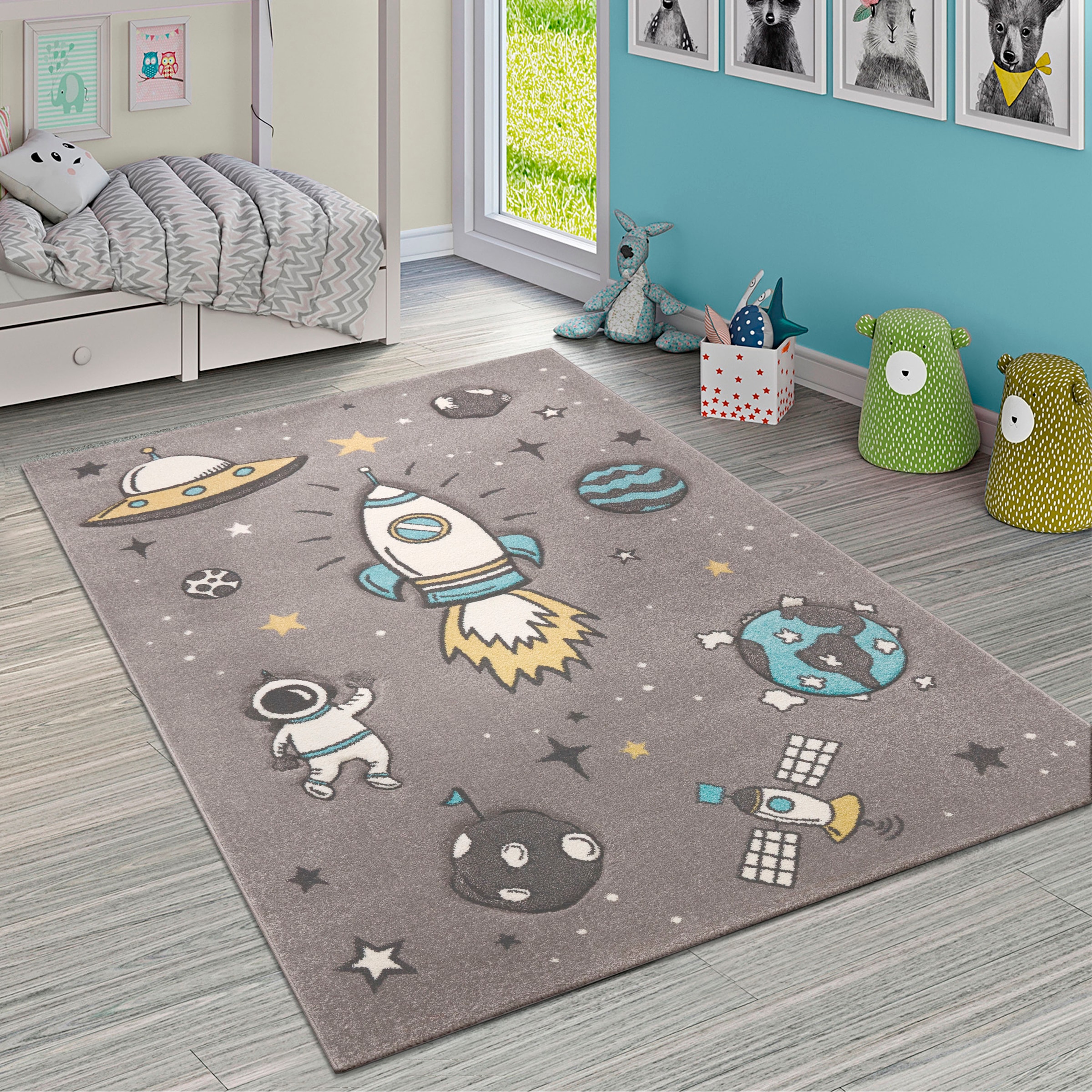 Paco Home Kinderteppich »Diamond 100«, rechteckig, 18 mm Höhe, 3D-Design, Motiv Weltraum, Rakete & Astronaut, Kinderzimmer