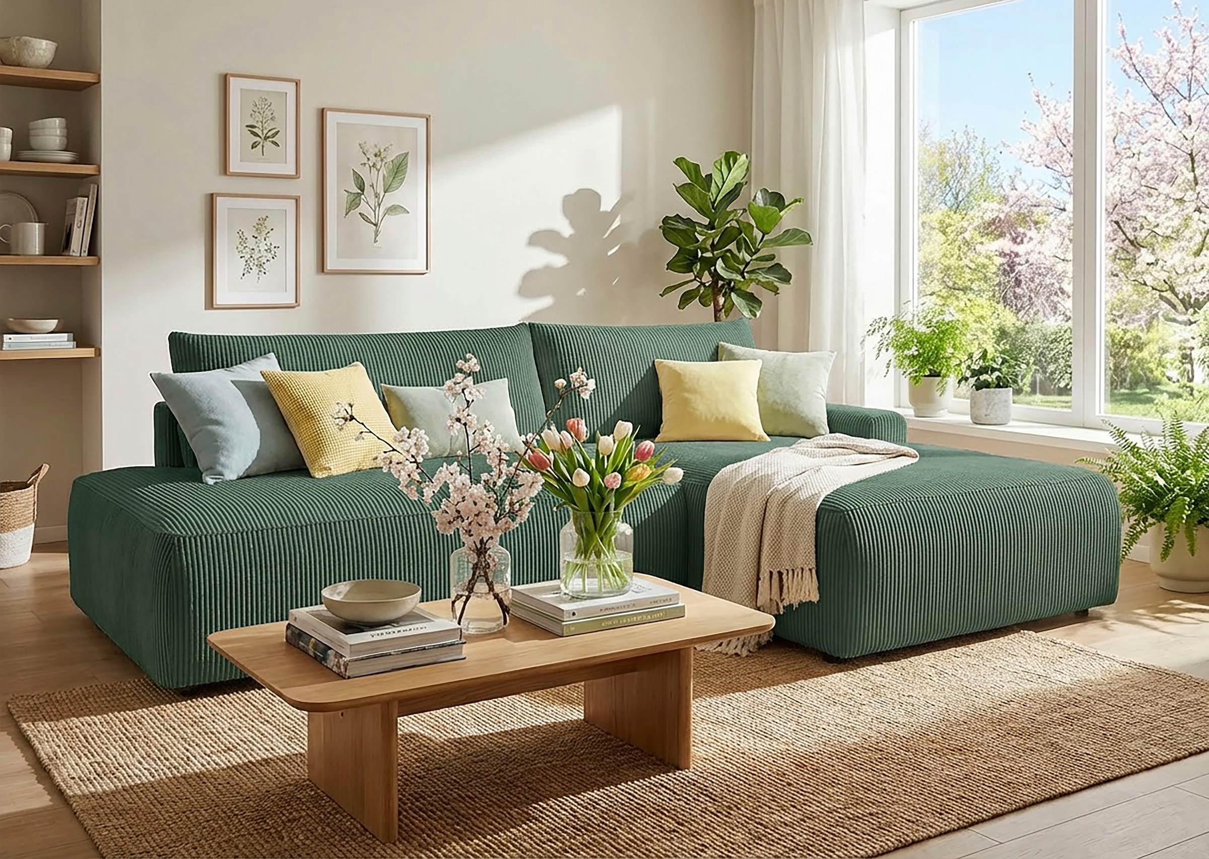 Image of TRENDMANUFAKTUR Ecksofa "Prag, Schlafsofa mit Bettkasten, Couch in L-Form, Breite 253 cm" in Cordstoff HYPER, dunkelgrün, Recamiere rechts