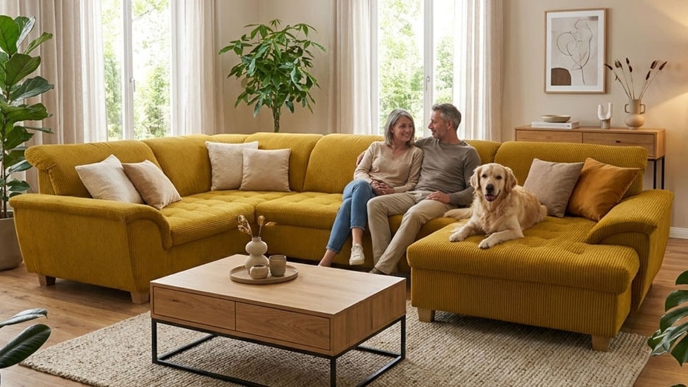 Image of GOODproduct Wohnlandschaft "Eggery 352 x 214 cm, auch mit Schlaffunktion & Bettkasten, Holzfüsse" Kopfteile verstellbar, U-Form, aus Pet Friendly Cord