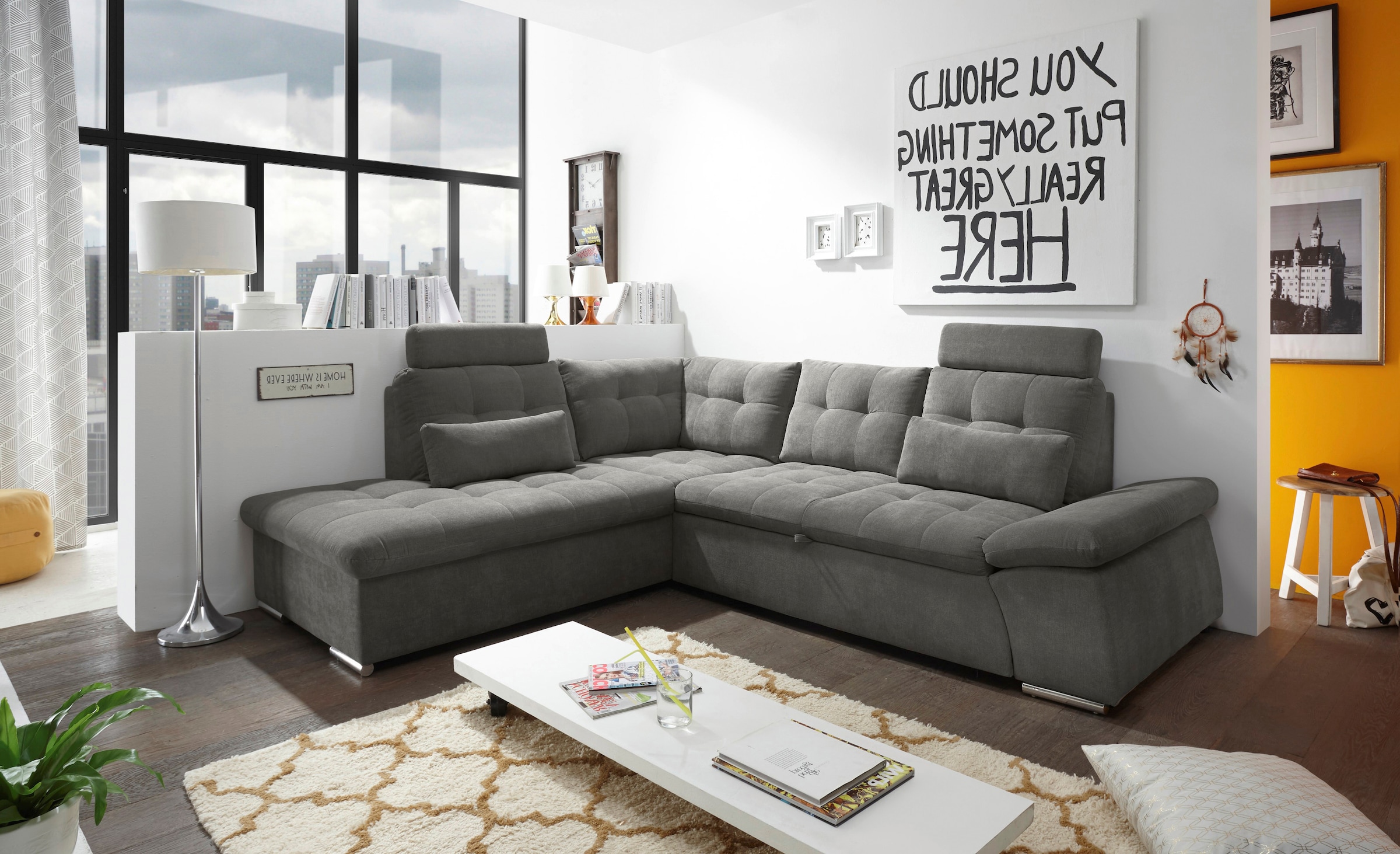 Image of ED EXCITING DESIGN Ecksofa "Nalo L-Form" mit Bettfunktion, Armteilverstellung, Kopfstützen & 2 Nierenkissen
