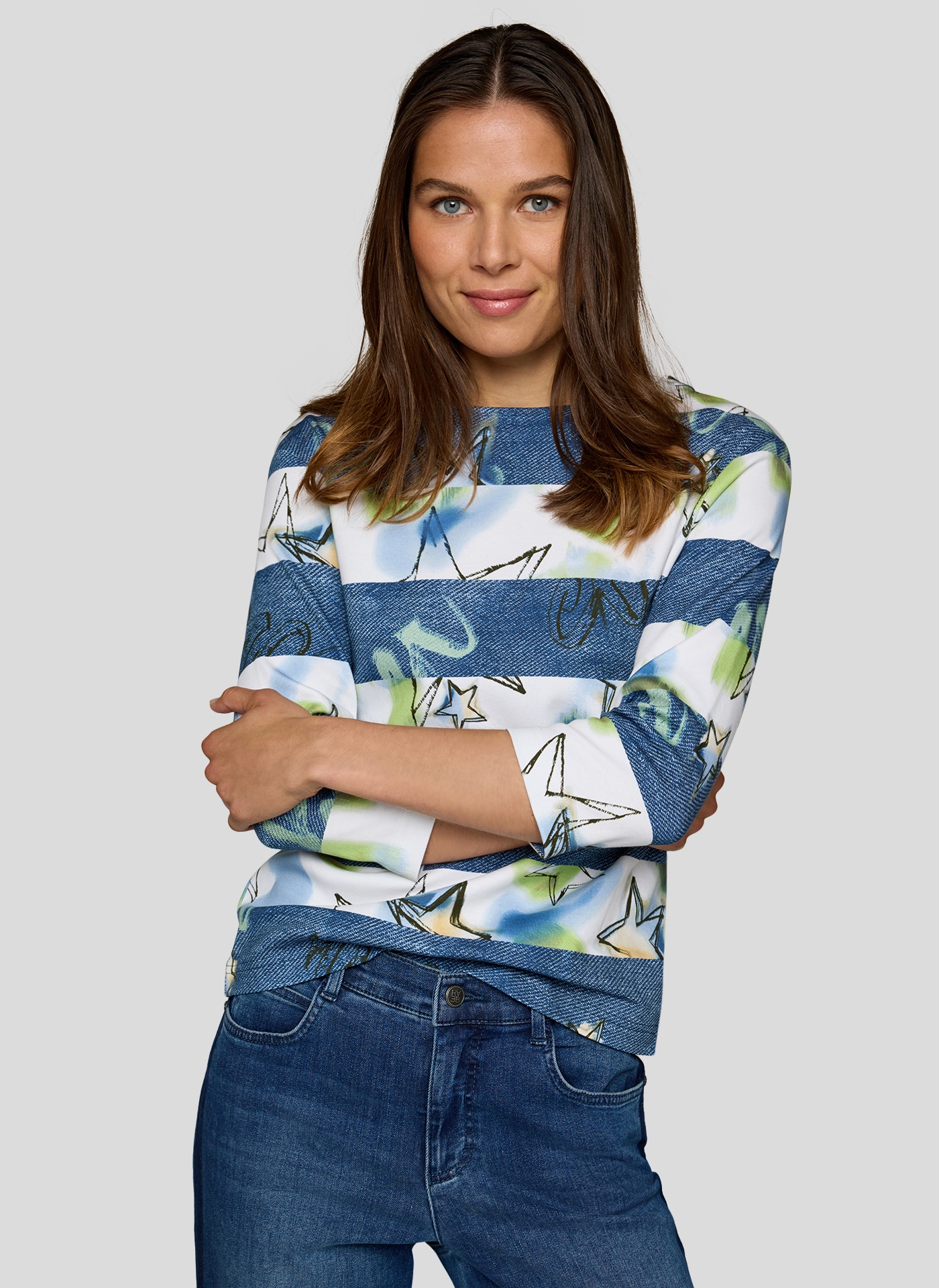Image of Rabe Print-Shirt mit Jeans-Color-Blocking und grafischem Muster