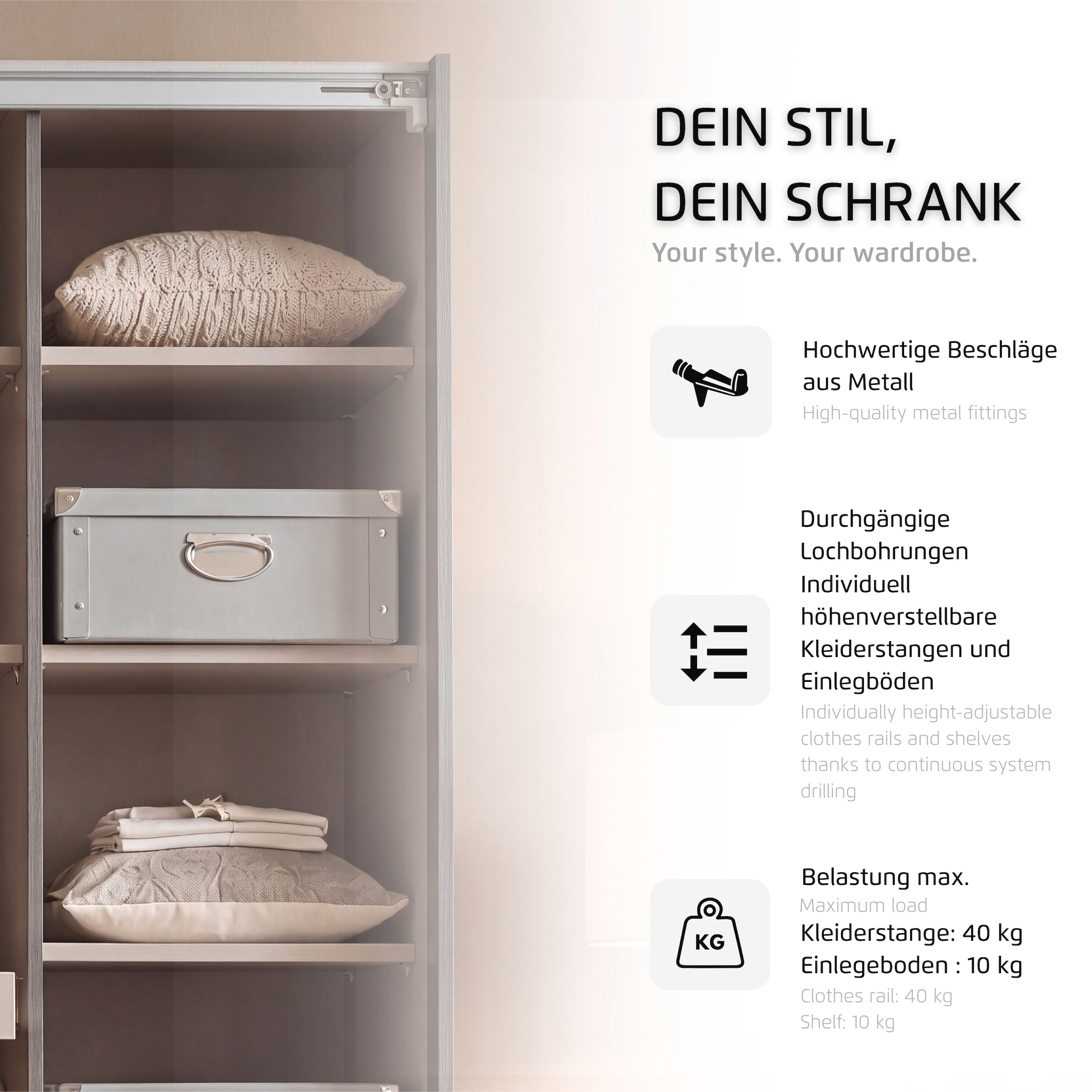 rauch Kleiderschrank »Mehrzweckschrank Schrank Garderobe Wäscheschrank Schlafzimmer GAMMA« 3 verschiedene Ausstattungen BASIC/CLASSIC/PREMIUM (inkl. SOFT-CLOSE),  Weiss, 181 cm, 2 Schubladen, Stangengriff Schwarz MADE IN GERMANY
