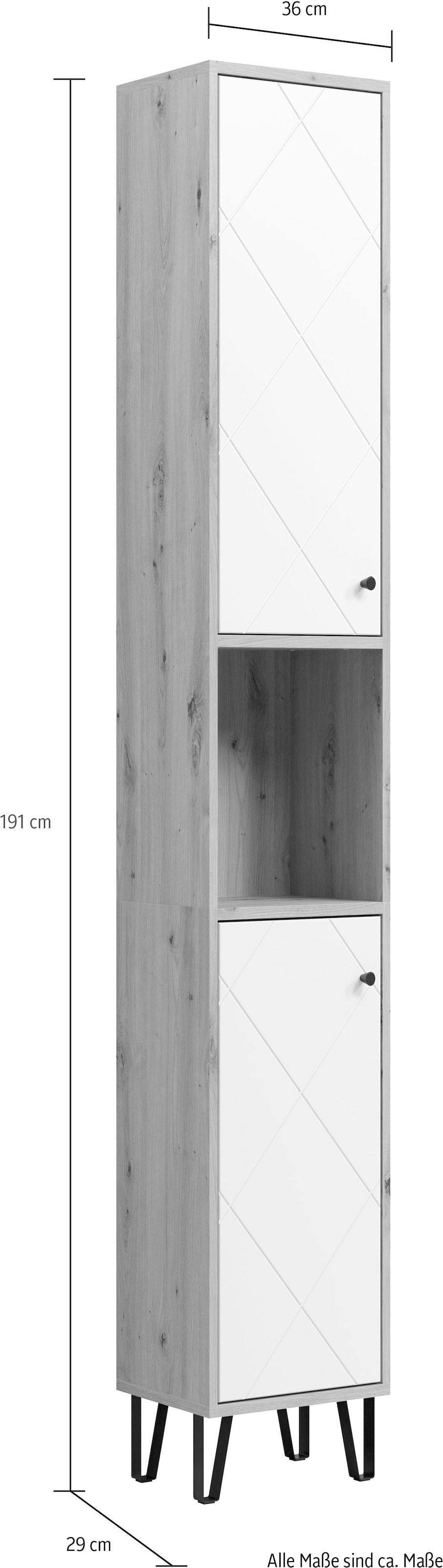 Places of Style Hochschrank »Tarragona«, (1 St.), Breite 36 cm, 2 Türen, Retro Metallfüsse, matt, braune Holzoptik / weiss