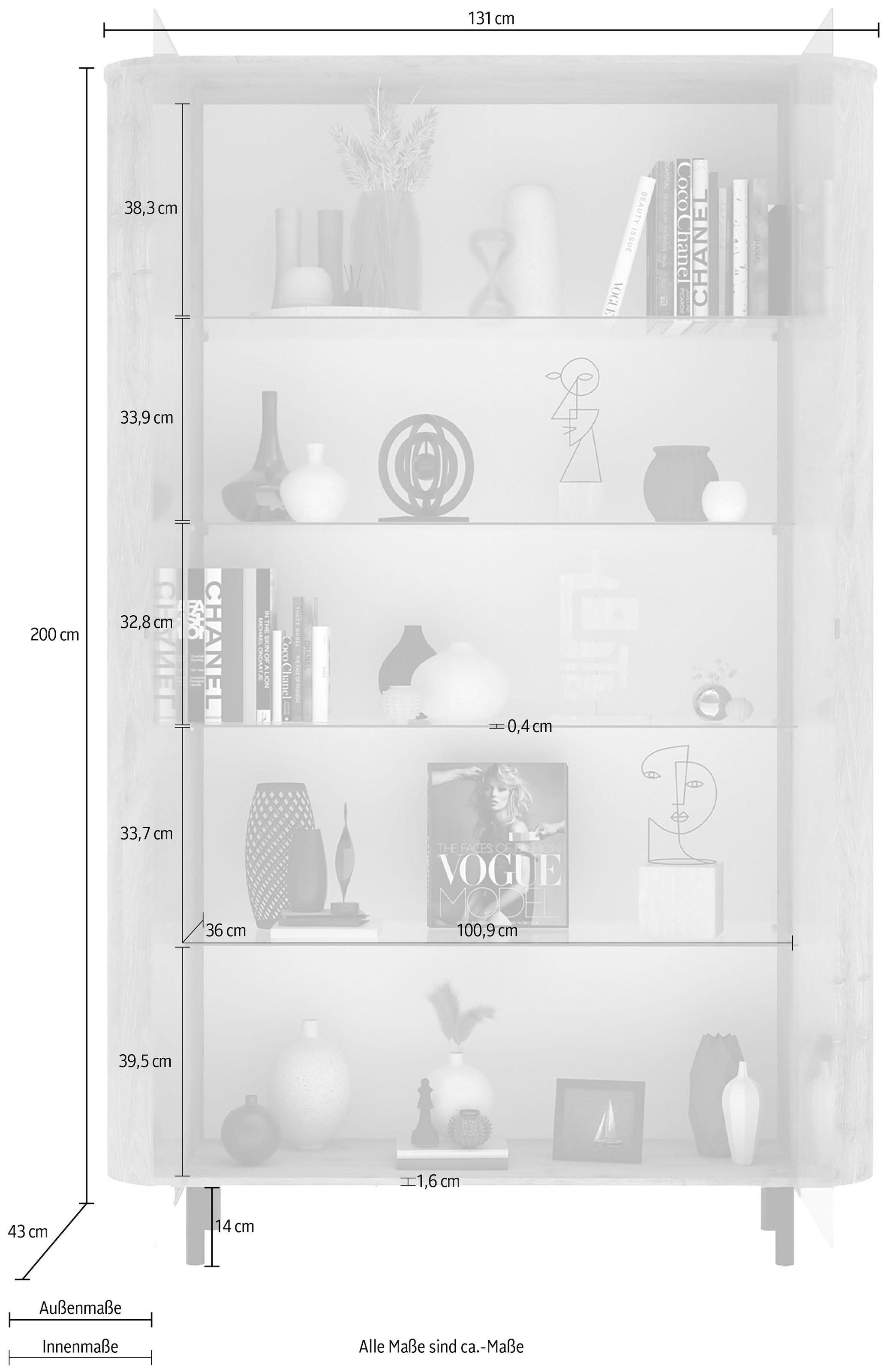 Home affaire Vitrine »Murano, Standvitrine H 200 cm, B 131 cm, 2 Türen, Vitrinenschrank« Formgebogenes MDF, Stirnseiten mit Rundung, Metallfüsse, stilvoll