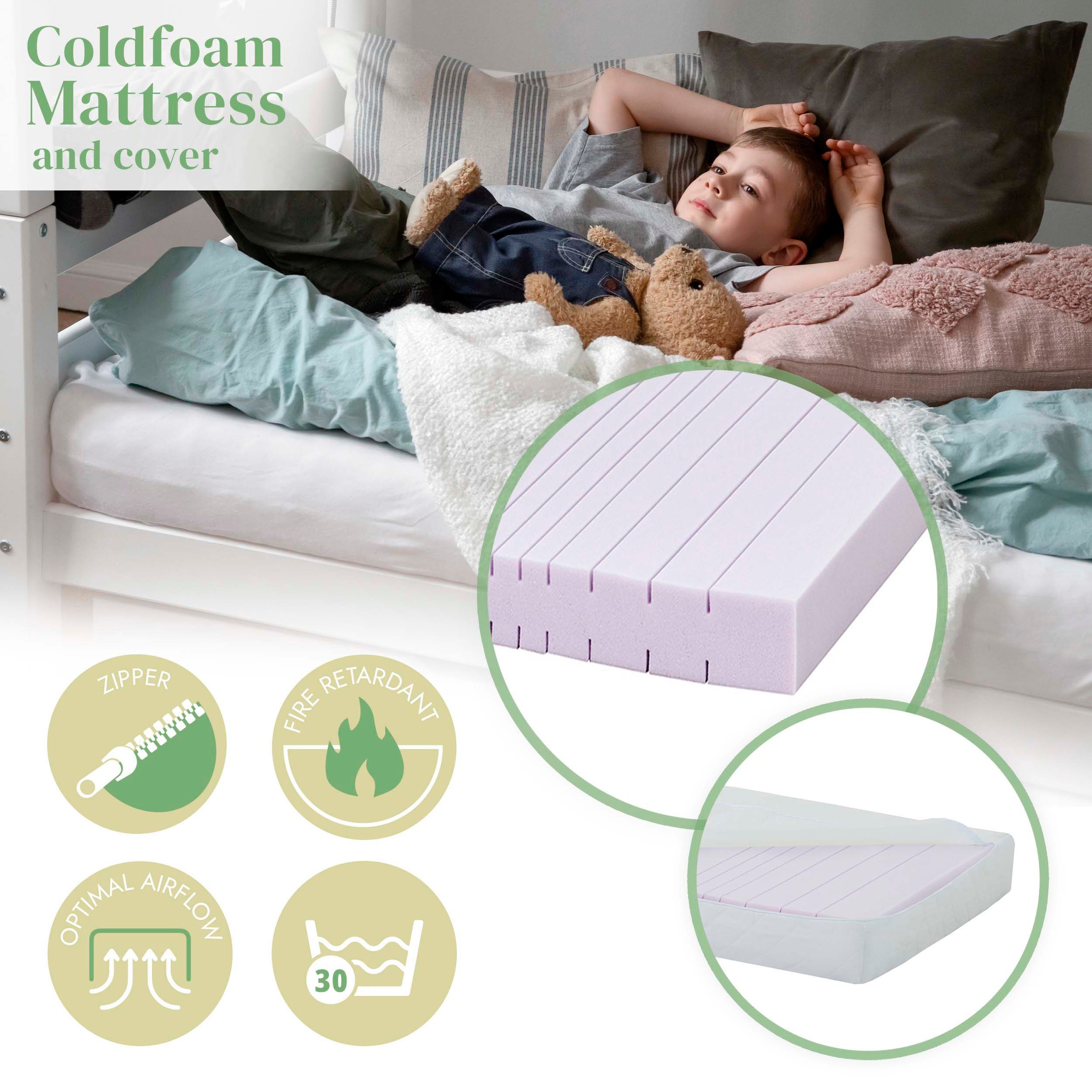 Hoppekids Einzelbett »ECO Comfort Kinderbett, Kiefer Massivholz, Jugendbett inkl. Rollrost«, 70x160 cm, wahlweise in verschieden Farben/ Matratze/ Absturzsicherung