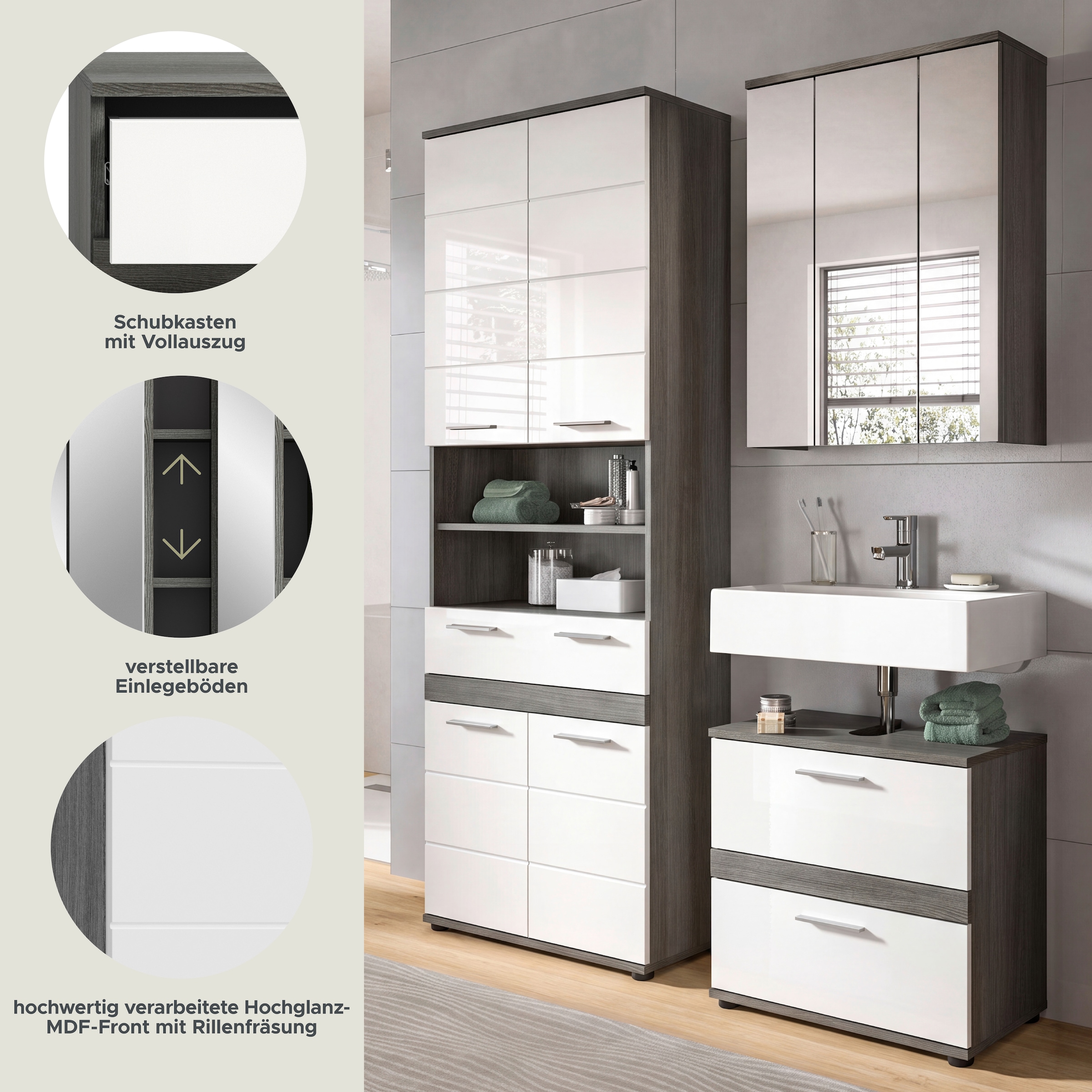 welltime Badmöbel-Set »LUCCA, 3-tlg. Badkombination, viel Stauraum, modernes Design« 3 Stk. tlg.