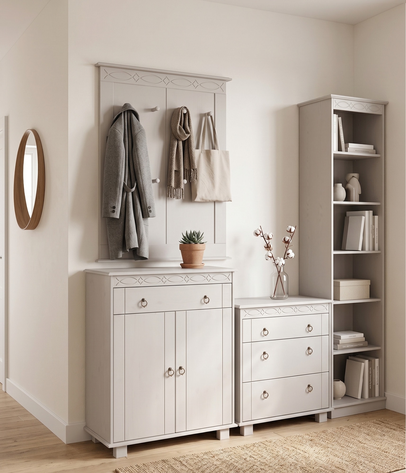GOODproduct Panneau de vestiaire »Indra« L/P/H : 63/6/100 cm,  en pin massif, FSC®, 8 crochets, ornement discret