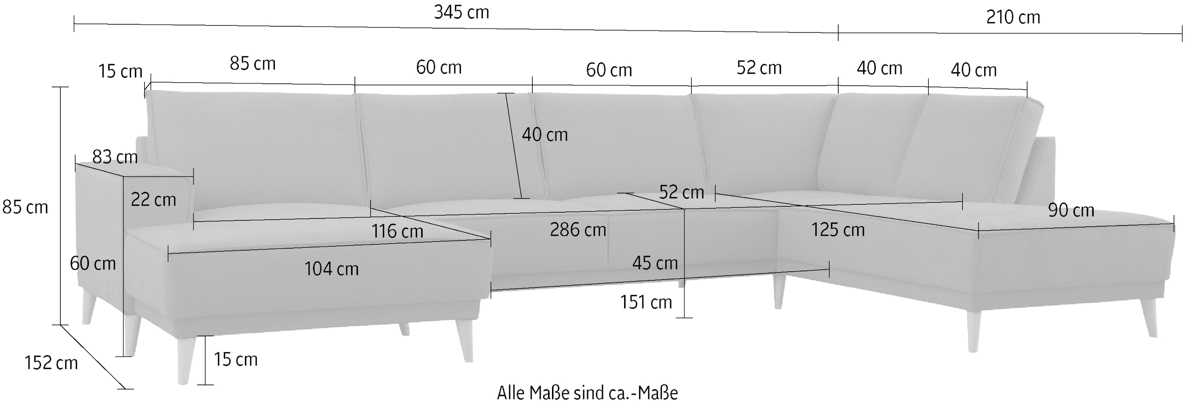 GOODproduct Wohnlandschaft »Oland Skandi, weicher Chenille-Stoff« U-Form, 345 cm, Wellenunterfederung, Skandi-Design, Massivholzfüsse