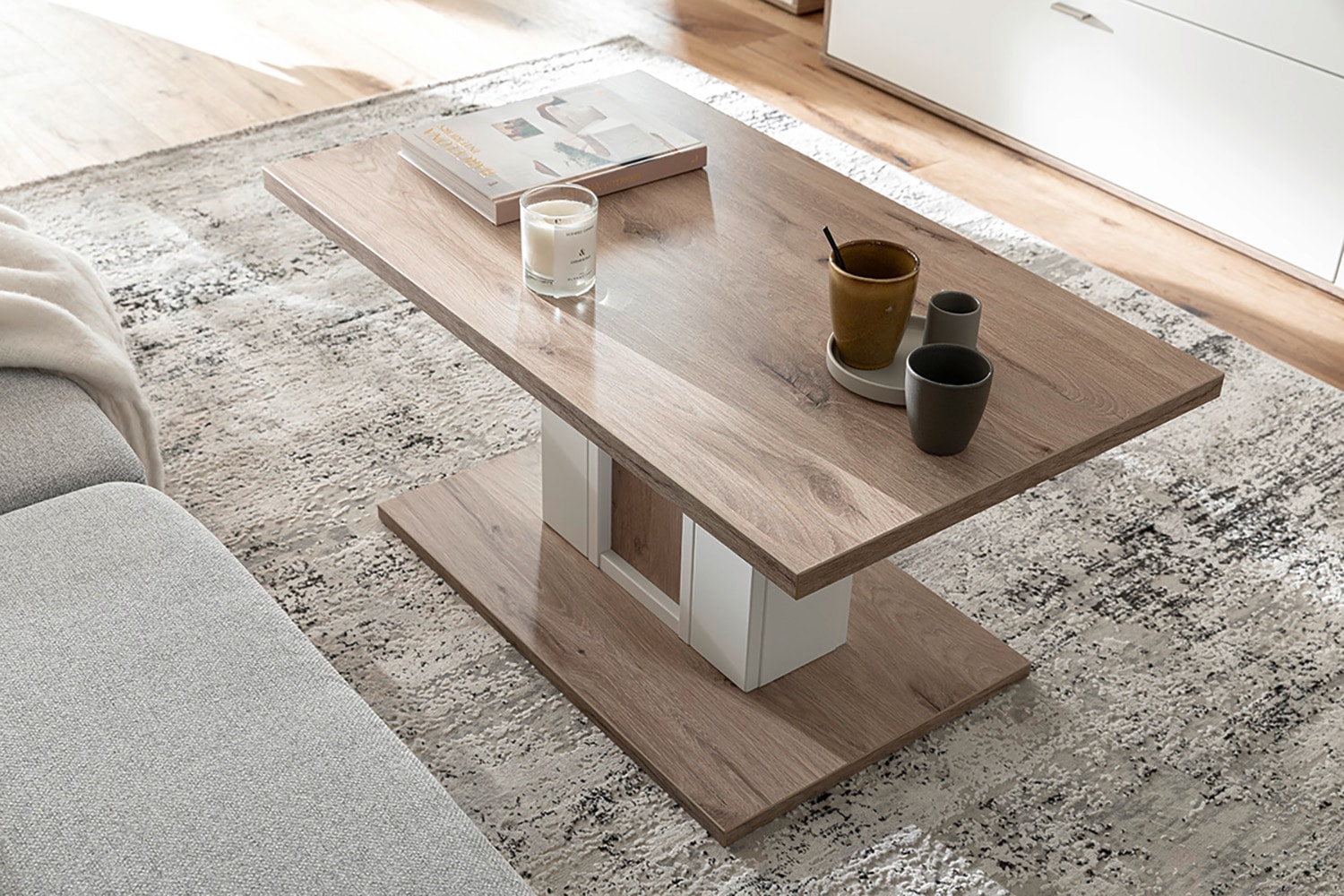 MCA furniture Table basse »SANTERNO Couchtisch mit Säule« 1 cuis tlg. Tisch, Soft White/Viking Oak, mit Säule, belastbar 50kg, Breite 95 cm