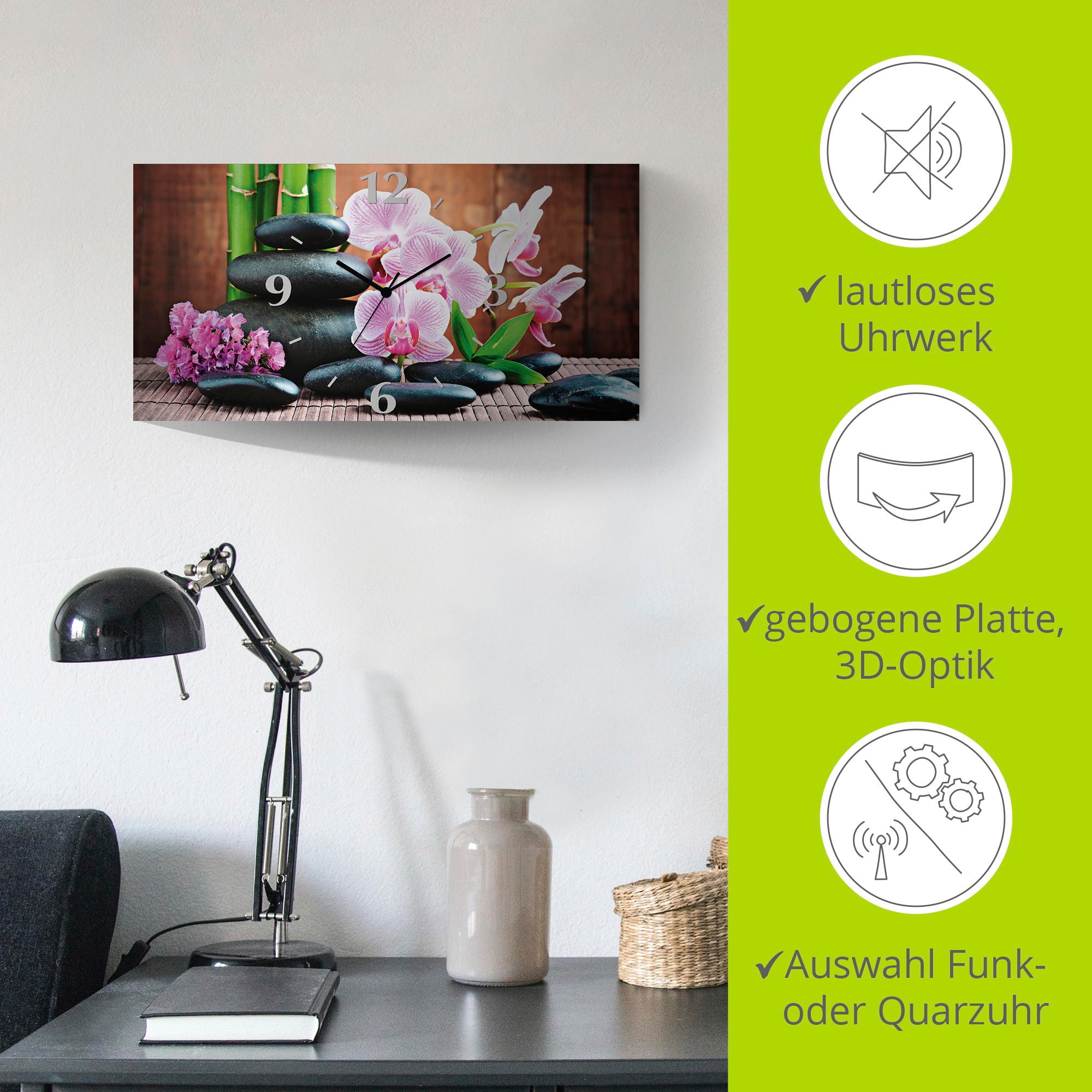 Artland Wanduhr »Spa Konzept Zen Steinen Orchideen« wahlweise mit Quarz- oder Funkuhrwerk, lautlos ohne Tickgeräusche