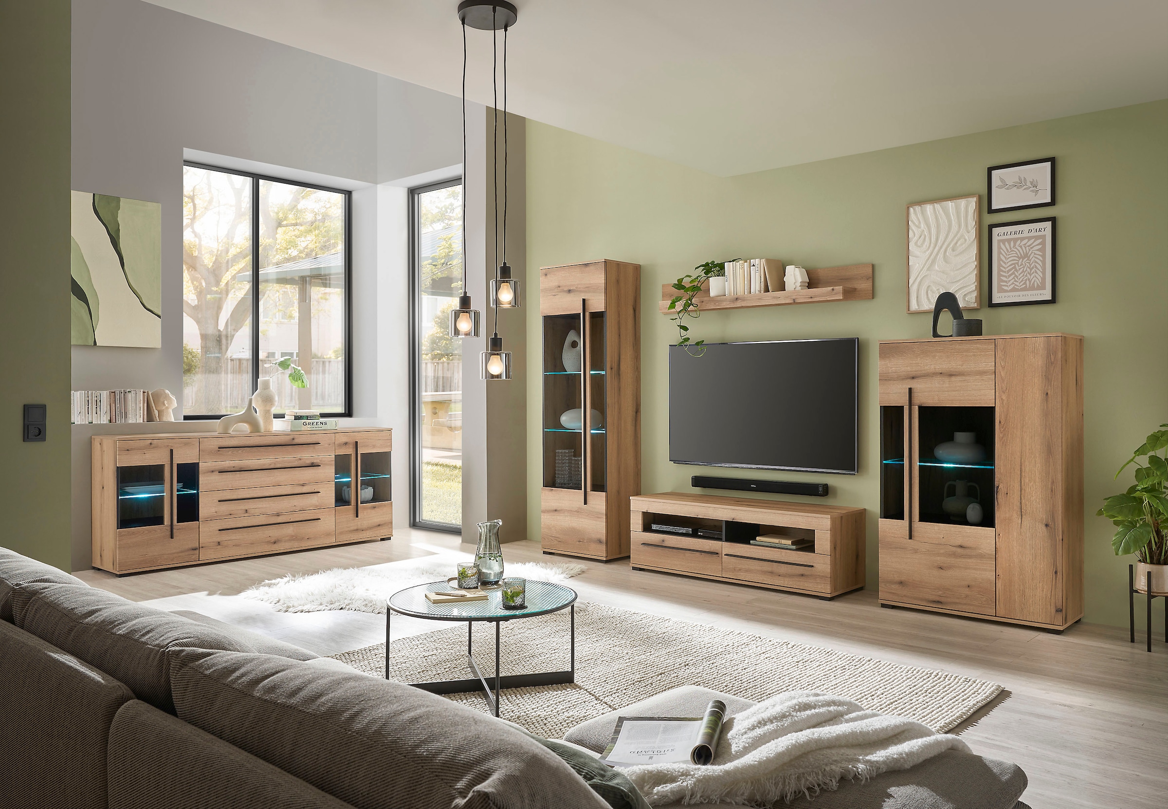 INOSIGN Wohnwand »Cantara, moderne Anbauwand, Wohnzimmer-Set, in Eiche Evoke oder Weiss«, (Set), enthält zwei Vitrinen, ein Lowboard und ein Wandboard