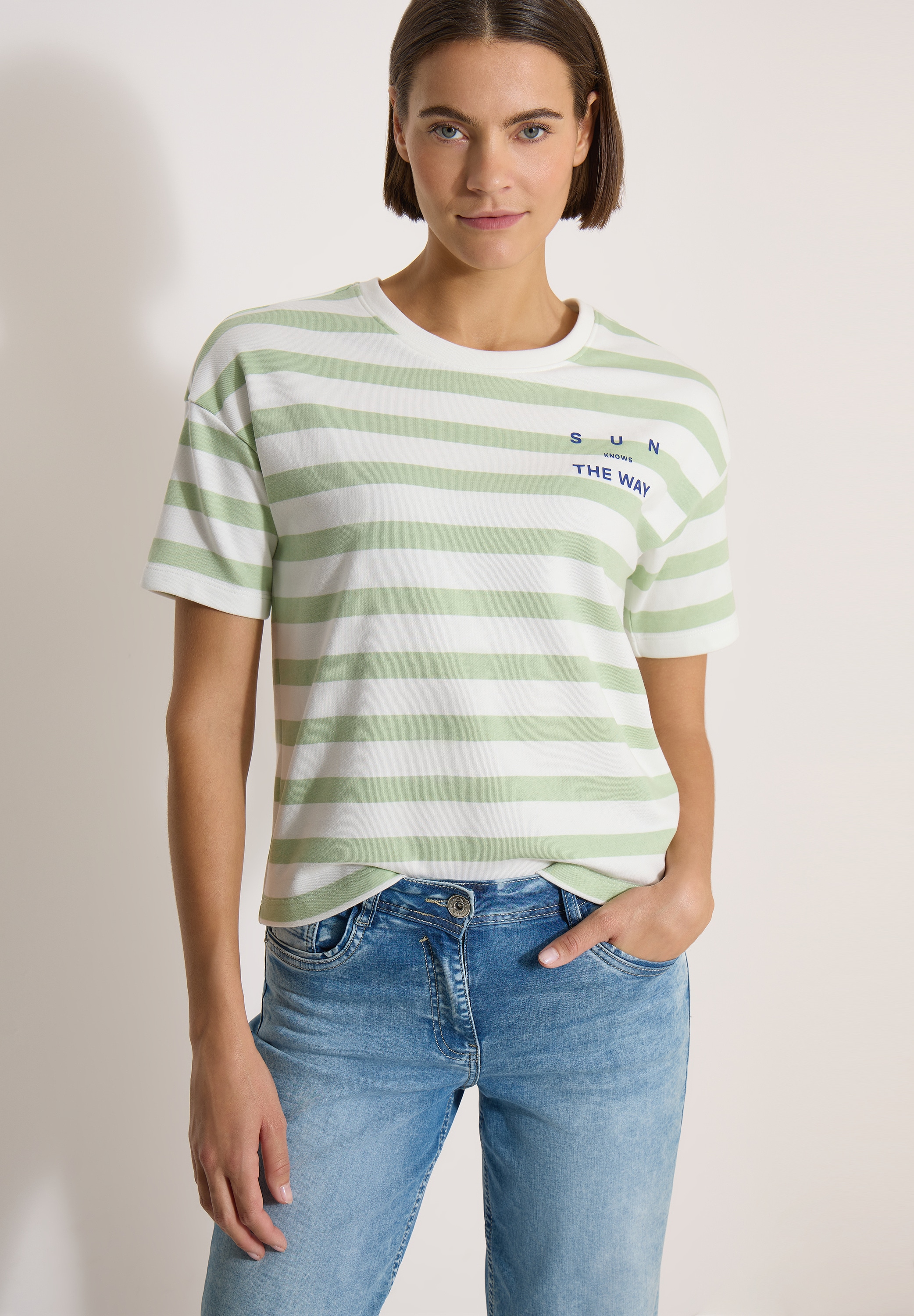 Image of Cecil Kurzarmshirt Sommershirt mit Streifen und Wording-Detail