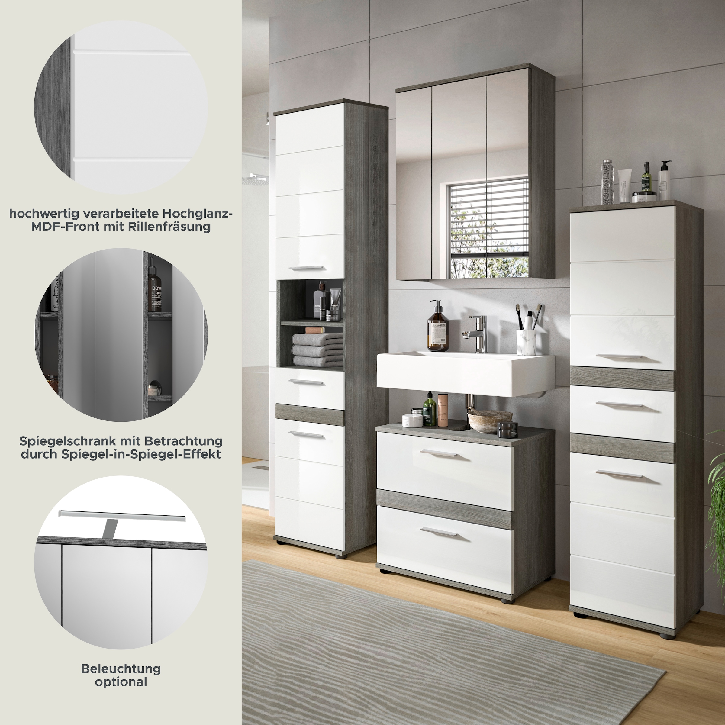 welltime Badmöbel-Set »LUCCA, 4-teilig, TOPSELLER!, MDF Hochglanzfront, bestehend aus:« Set, 4 Stk. tlg.