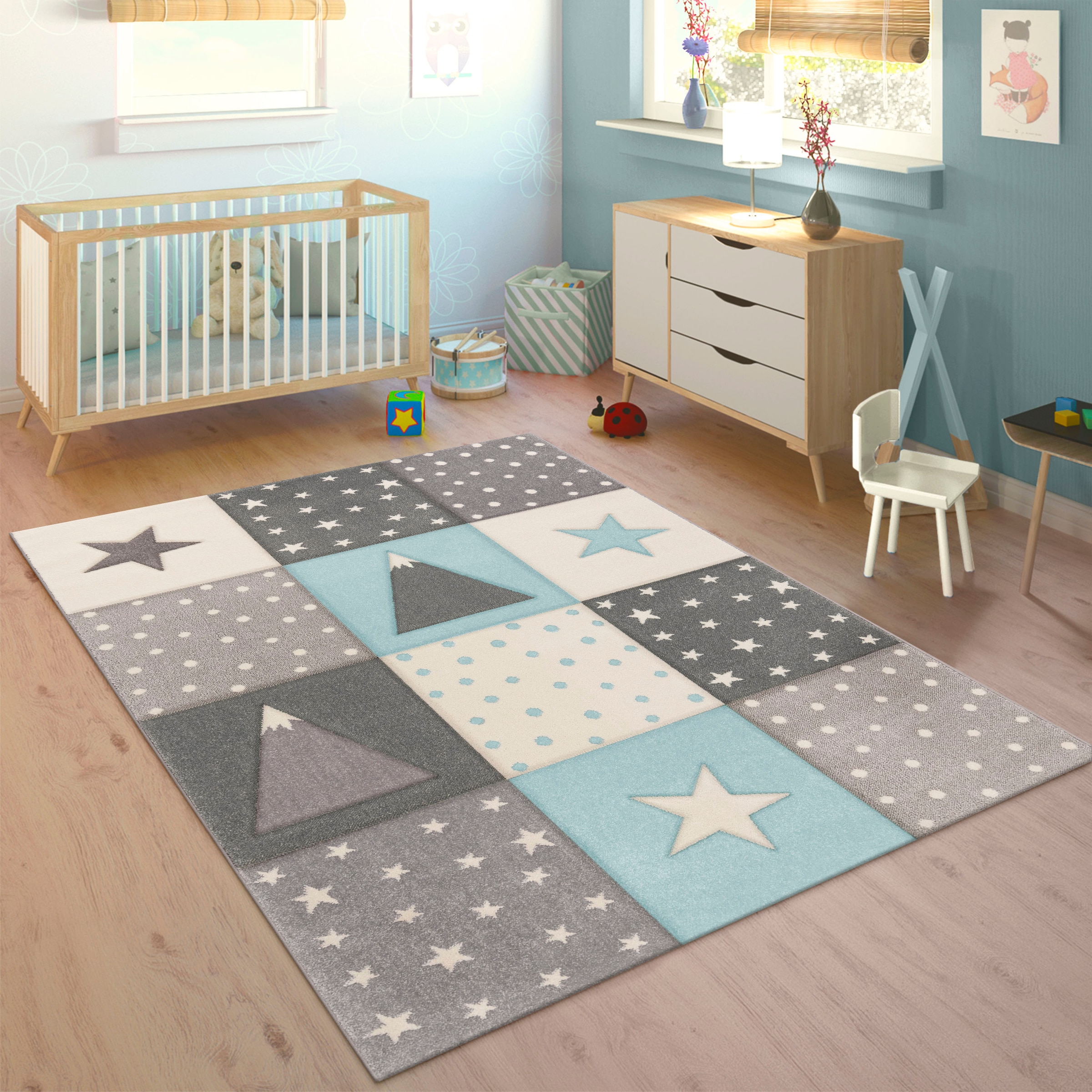 Image of Paco Home Kinderteppich "Cosmo 340" rechteckig 17 mm Höhe Kurzflor, Pastell-Farben, 3D Effekt, Motiv Berge, Punkte & Sterne