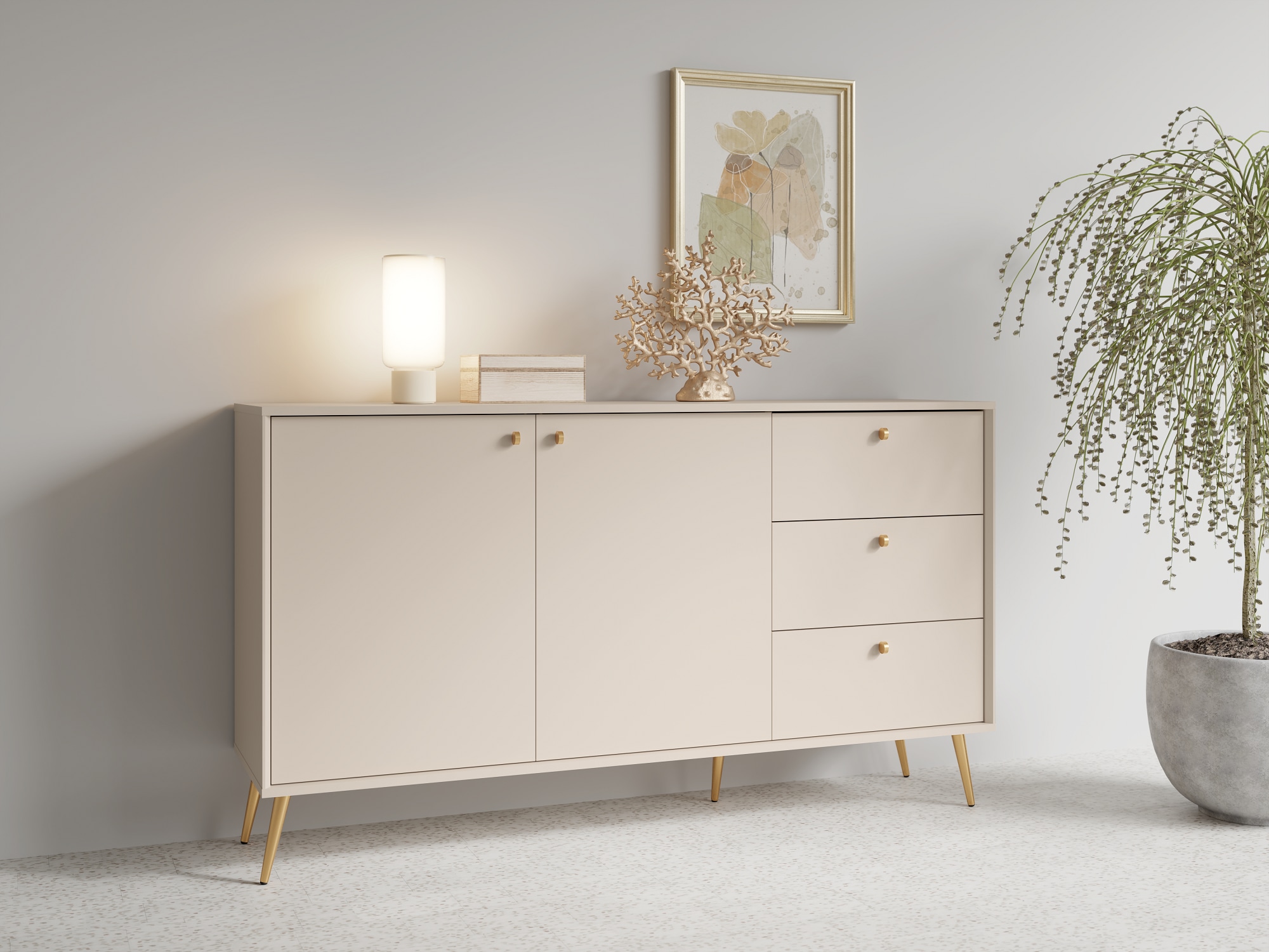 Image of Home affaire Kommode "ROMELIS Sideboard mit 3 Schubladen und 2 Türen, B/T/H: 156/40,5/89 cm" Beige Kommode mit goldenen Griffen auf goldenen Füssen, viel Stauraum