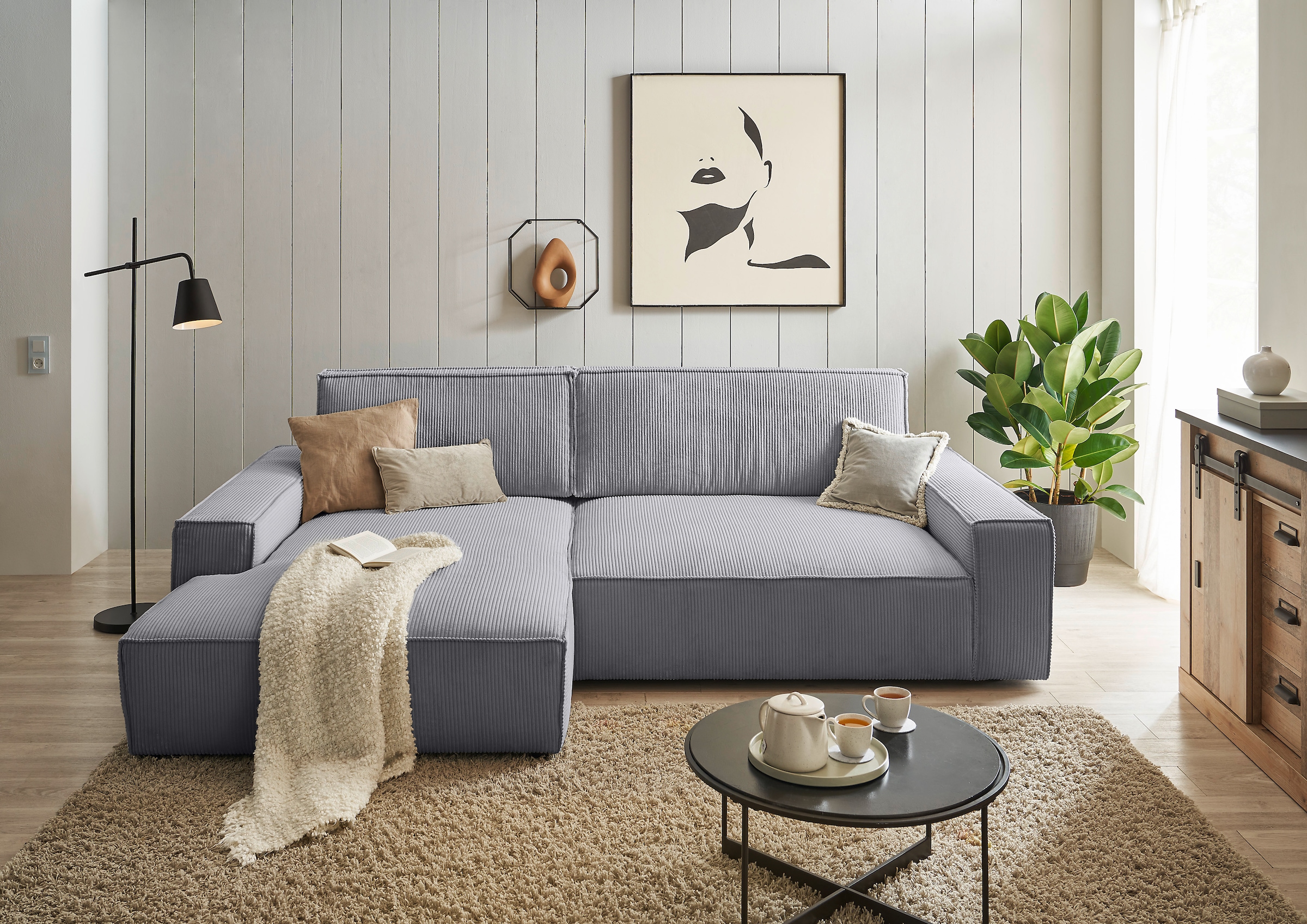 Home affaire Ecksofa »NEU: SHERWOODL XXL 284, Big-Sofa L-Form, tiefe Sitzfläche 95 cm, Cord,«, Leinenoptik, Recamiere rechts/links, auch als Schlafsofa stellbar