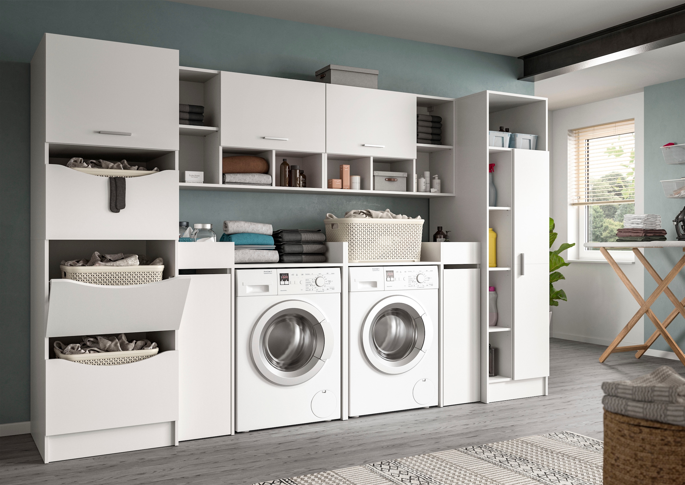 welltime Badmöbel-Set »FALAS, TOPSELLER!, 8-teilig, Hauswirtschaftsraum Set, Breite 300 cm« Set, Wäscheschrank, Hängeschrank,Standregal, Umbauschrank, Mehrzweckschrank, 8 Stk. tlg.