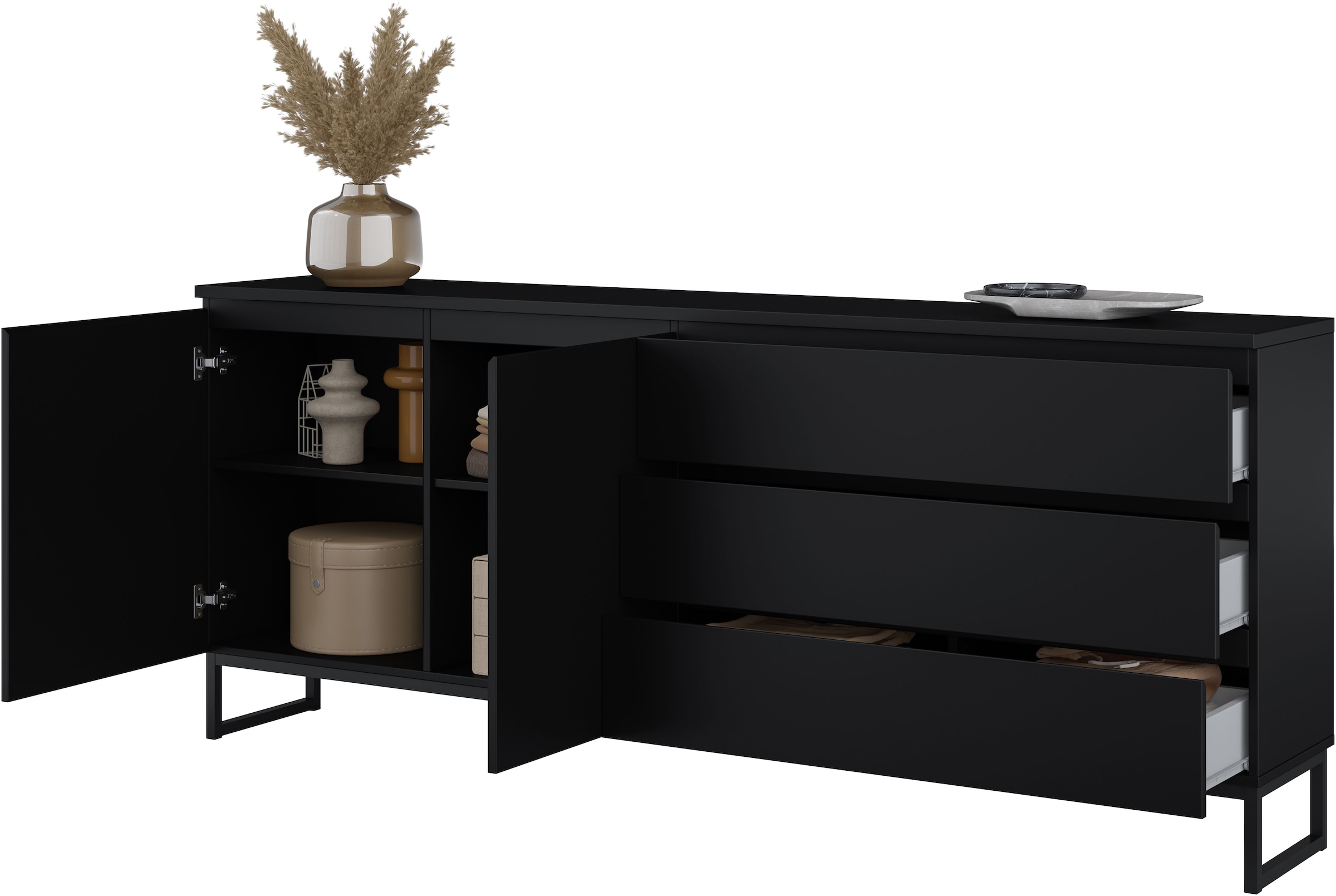GOODproduct Buffet »Modo II, Breite 200 cm, moderne grifflose Kommode 2Türen/3 SK« commode à tiroirs avec beaucoup d'espace de rangement, étagères réglables, patins en métal