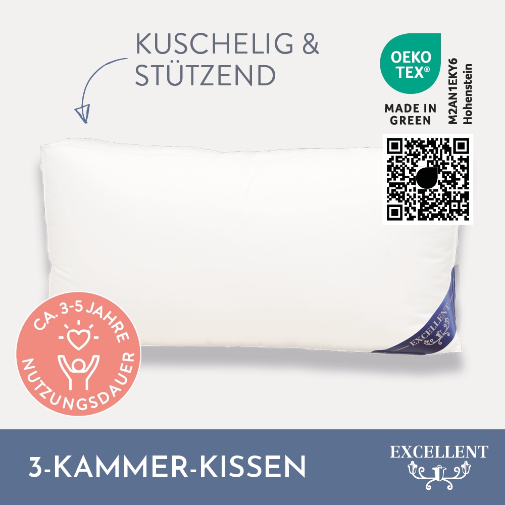 Excellent 3-Kammer-Kopfkissen »Florenz, Kopfkissen mit 10 cm hohen Aussensteg«, Füllung: 100% Gänsedaunen (Aussenkammern); 100% Gänsefedern (Innenkern), Bezug: 100% Baumwolle, (1 St.), hergestellt in Deutschland, allergikerfreundlich