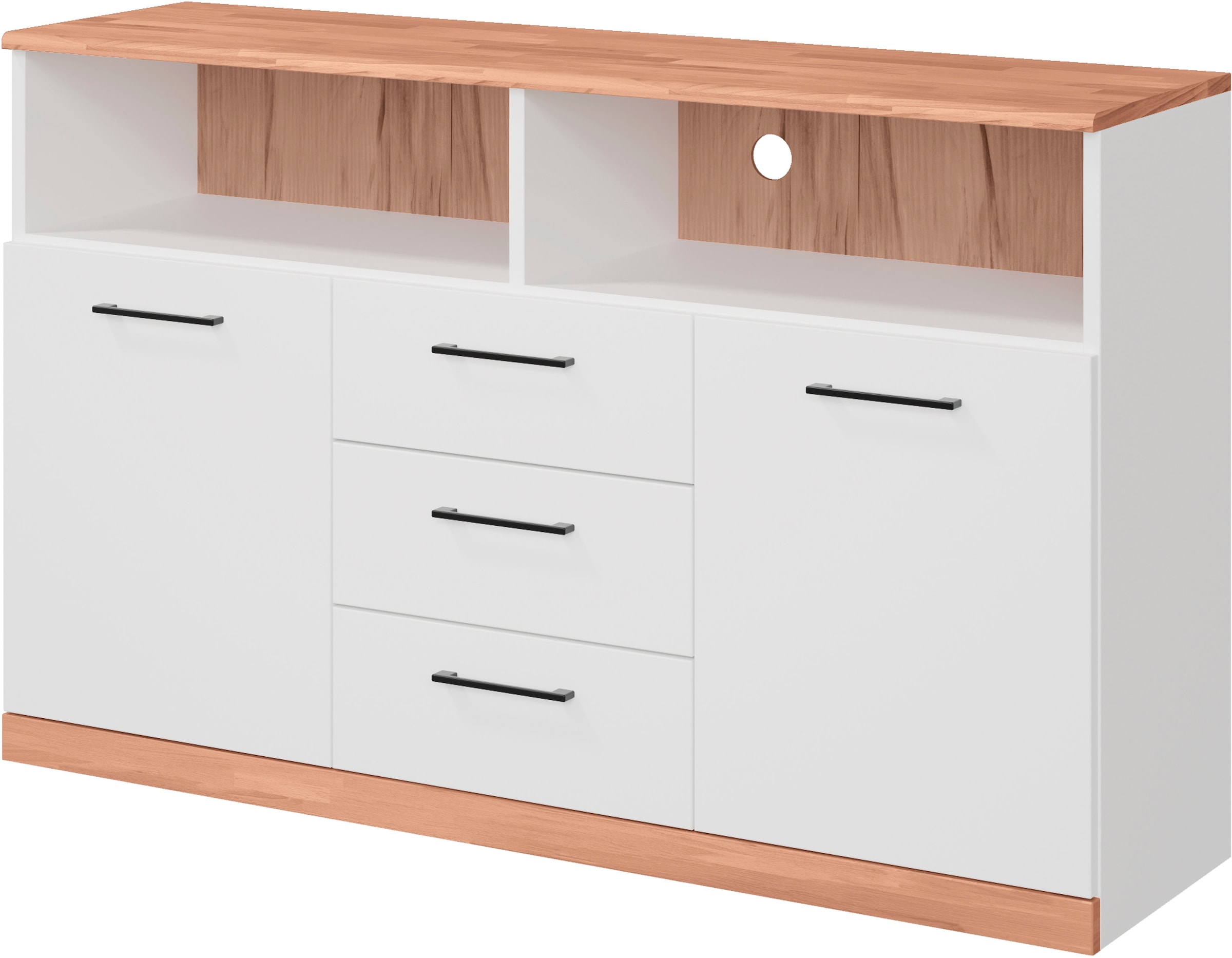 GOODproduct Sideboard »Ribe,130cm breit,80cm hoch,Oberplatte Holz massiv,6 Fächer« Oberplatte Kernbuche massiv,schwarze Metall Griffe