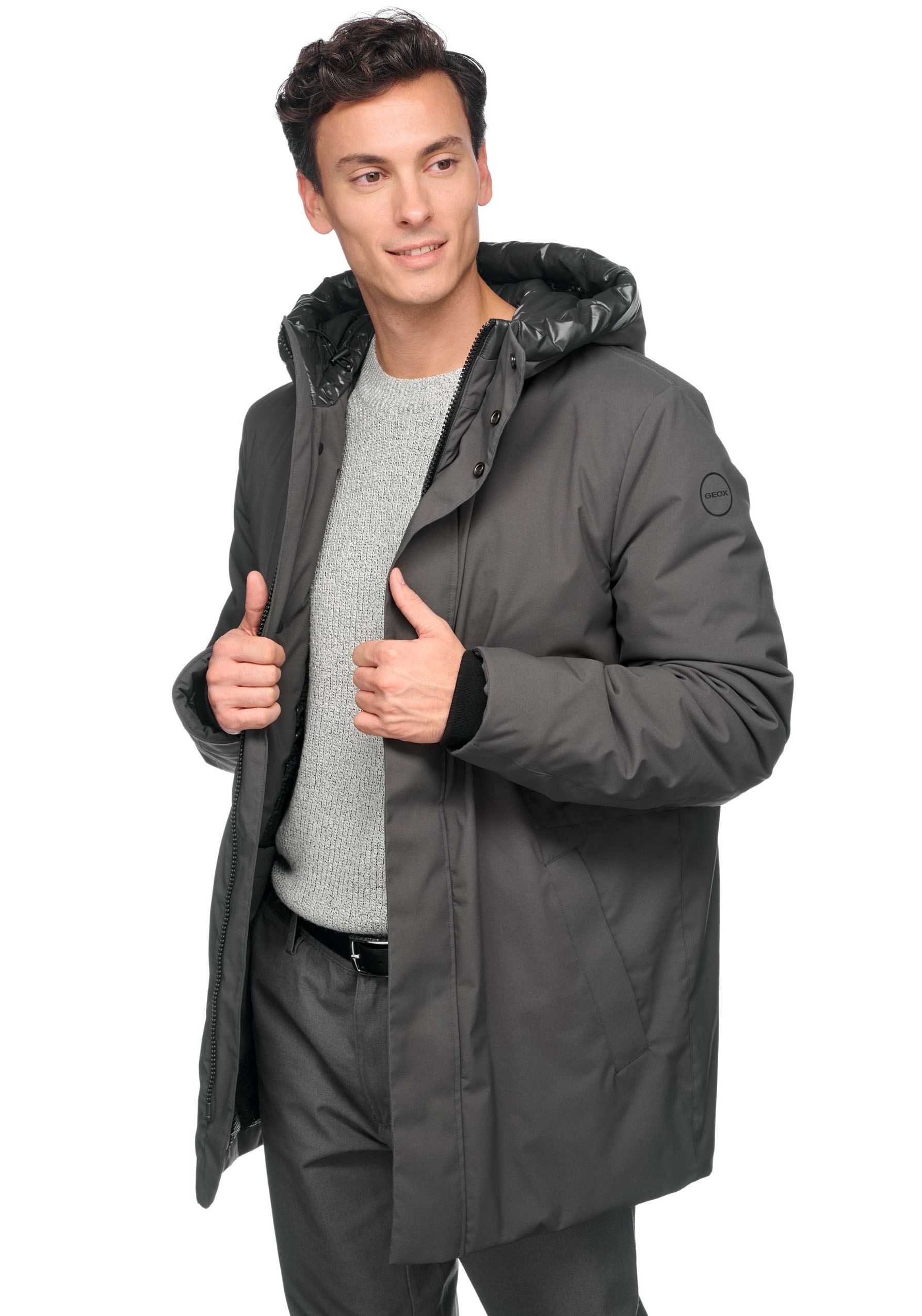 Geox Langjacke »SPHERICA«, mit Kapuze, mit verdecktem Reissverschluss & Druckern, Leistentaschen, Kapuze