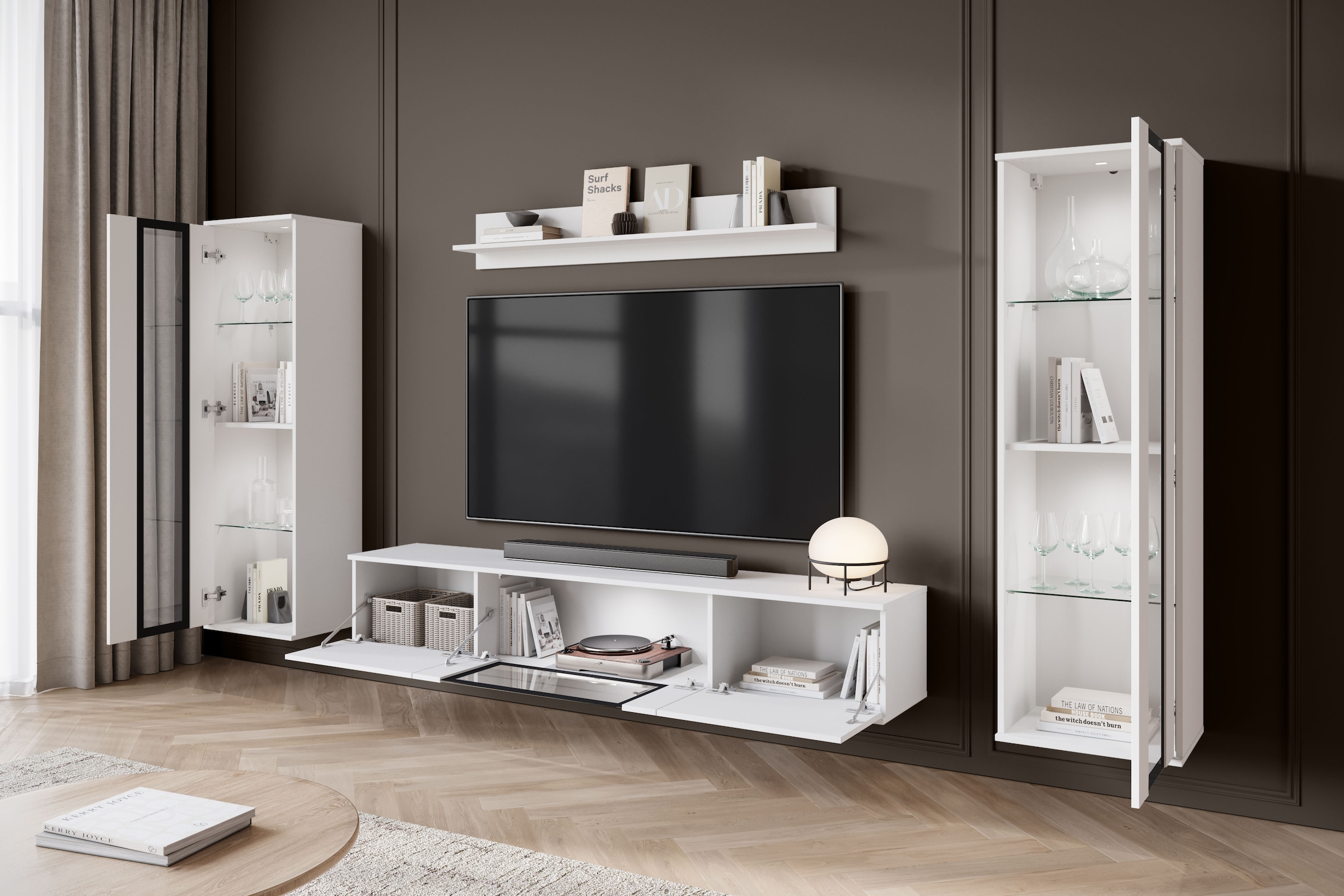 Home affaire Wohnwand »Caro, stehend und hängend montierbar« Komplett-Set, Vitrine Türanschlag links/rechts wechselbar, 4 Stk. tlg.