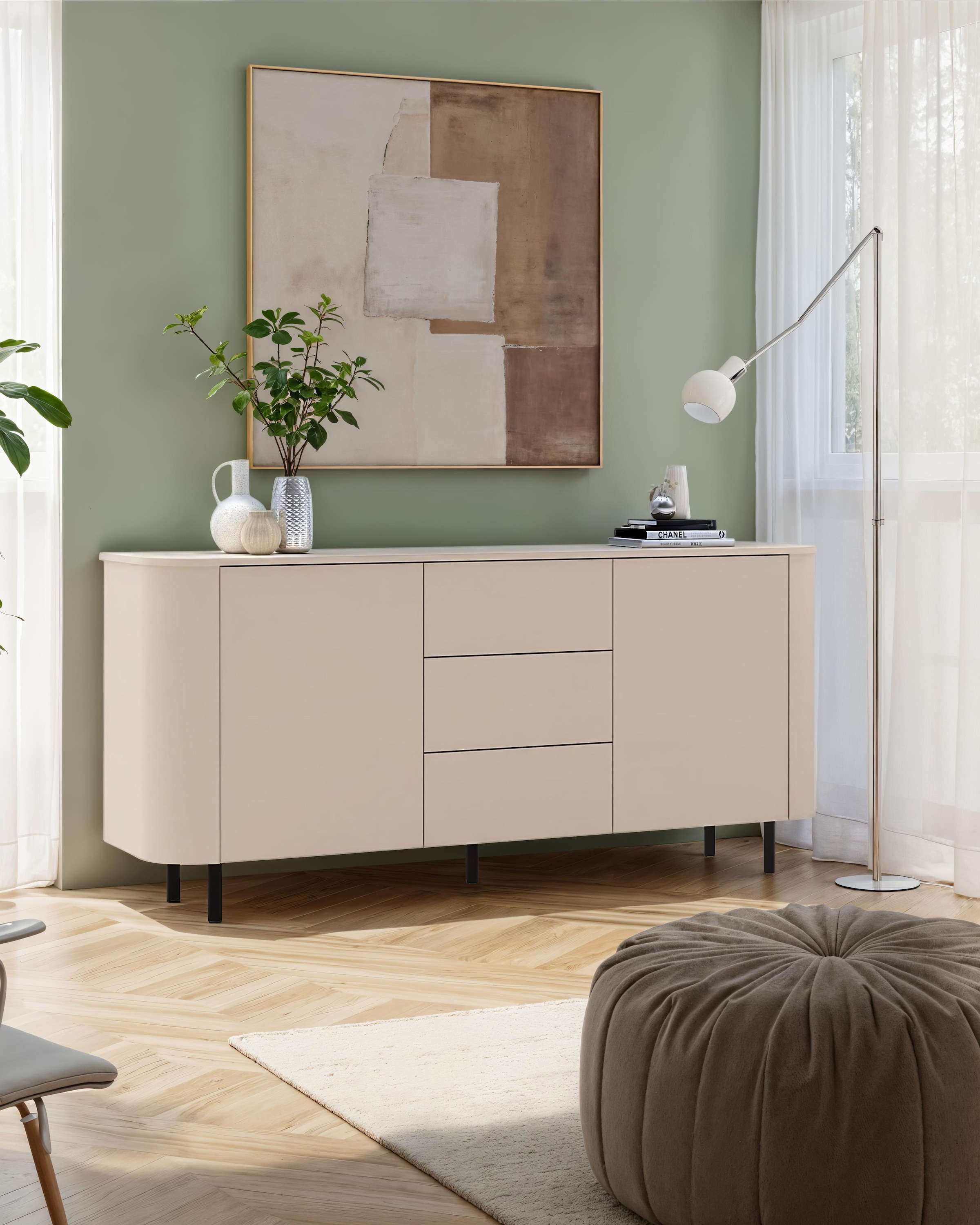 INOSIGN Sideboard »Lido, 181 cm breit, 2 Türen, 3 Schubkästen, Kommode, Stauraumschrank« Formgebogenes MDF, Stirnseiten mit Rundung, Push-to-open, Metallfüsse
