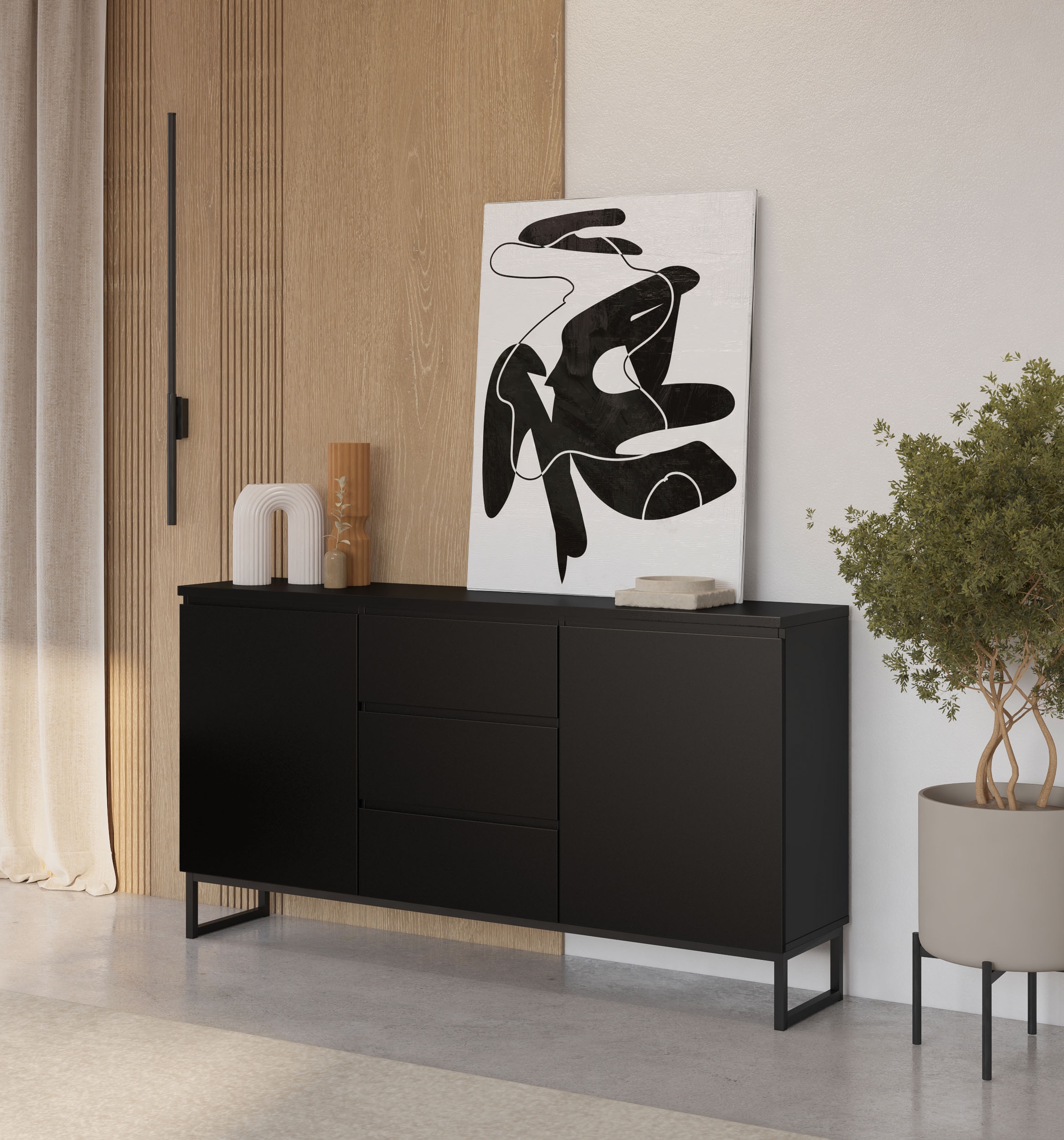 GOODproduct Buffet »Modo II, Breite 150 cm, moderne grifflose Kommode 2Türen/3 SK« commode à tiroirs avec beaucoup d'espace de rangement, étagères réglables, patins en métal