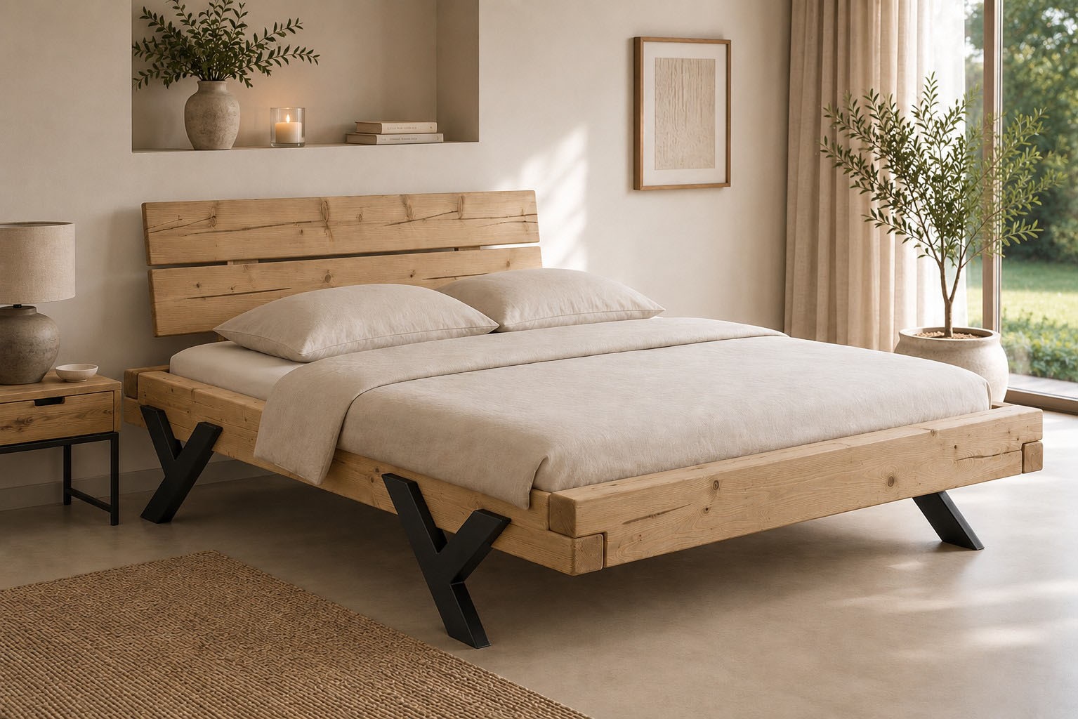 GOODproduct Lit en bois massif »Ultima Balkenbett Doppelbett, Füsse aus Metall in Y-Form« Haute capacité : 200 kg par côté,  Chêne sauvage ou épicéa certifié FSC®, plusieurs largeurs au choix