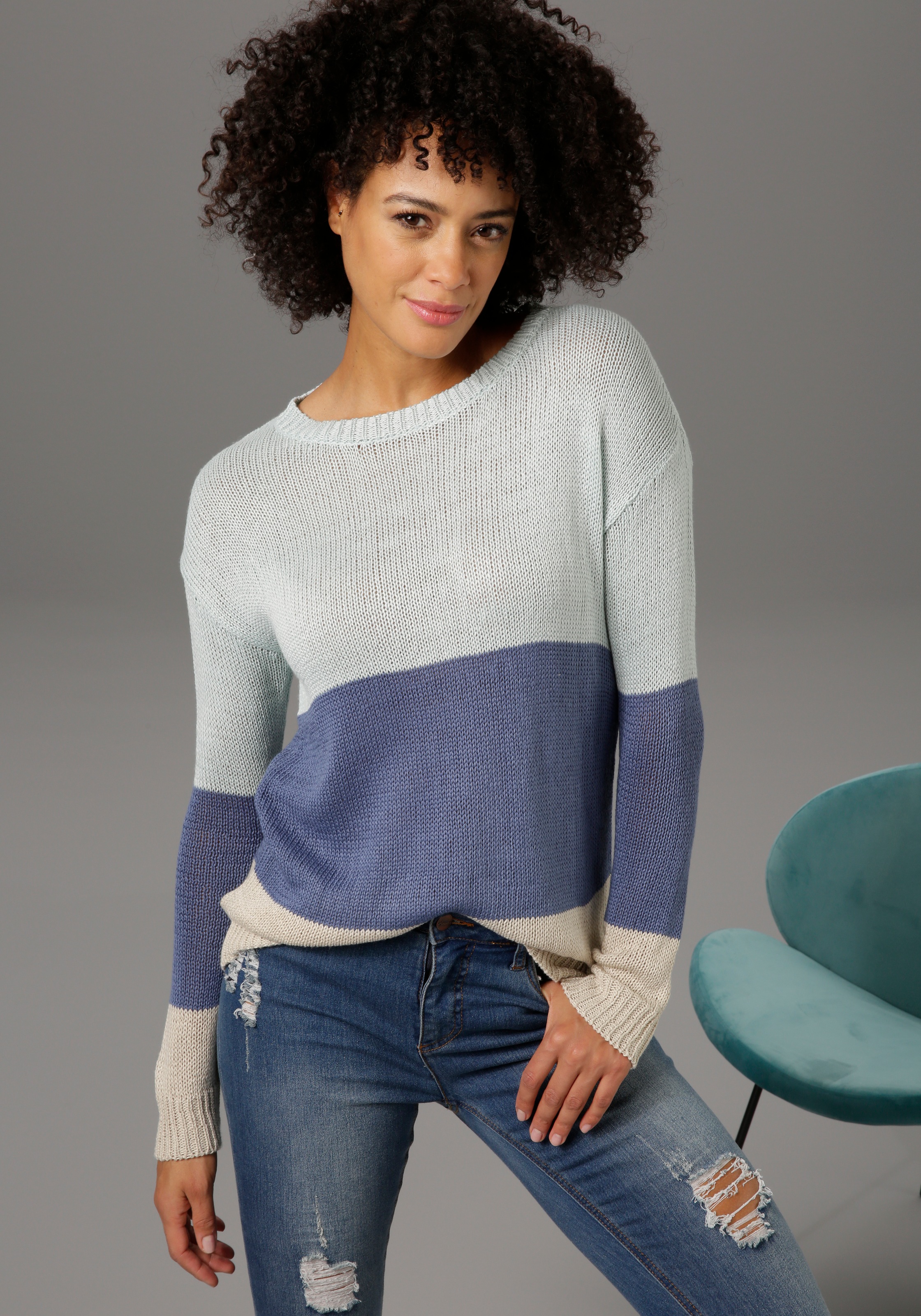 Image of Aniston CASUAL Rundhalspullover, im farbharmonischem Colorblocking bei Ackermann Versand Schweiz