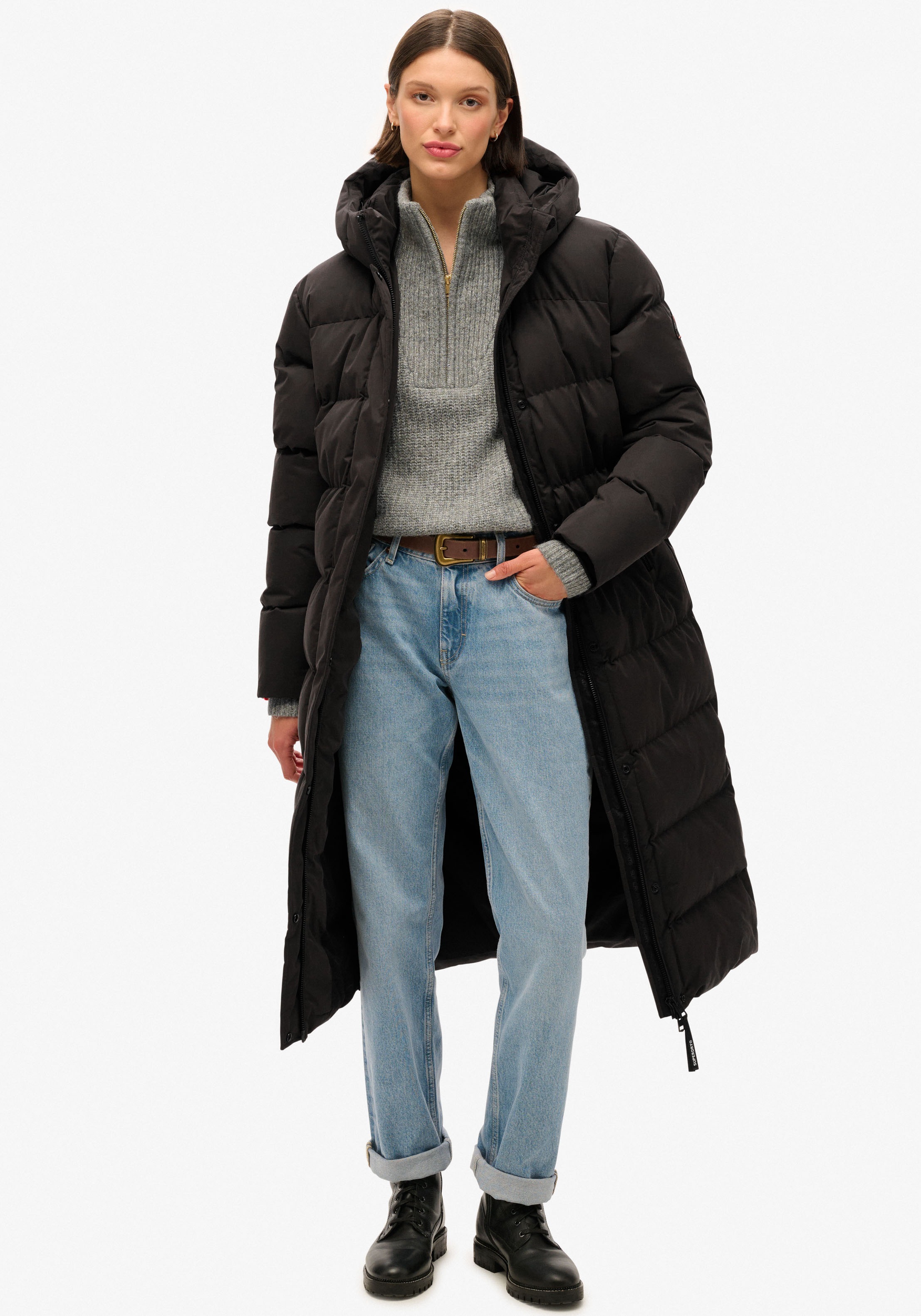 Image of Superdry Steppjacke "MICROFIBRE LONGLINE PUFFER JKT" mit Kapuze Kunstfaser, relaxed fit
