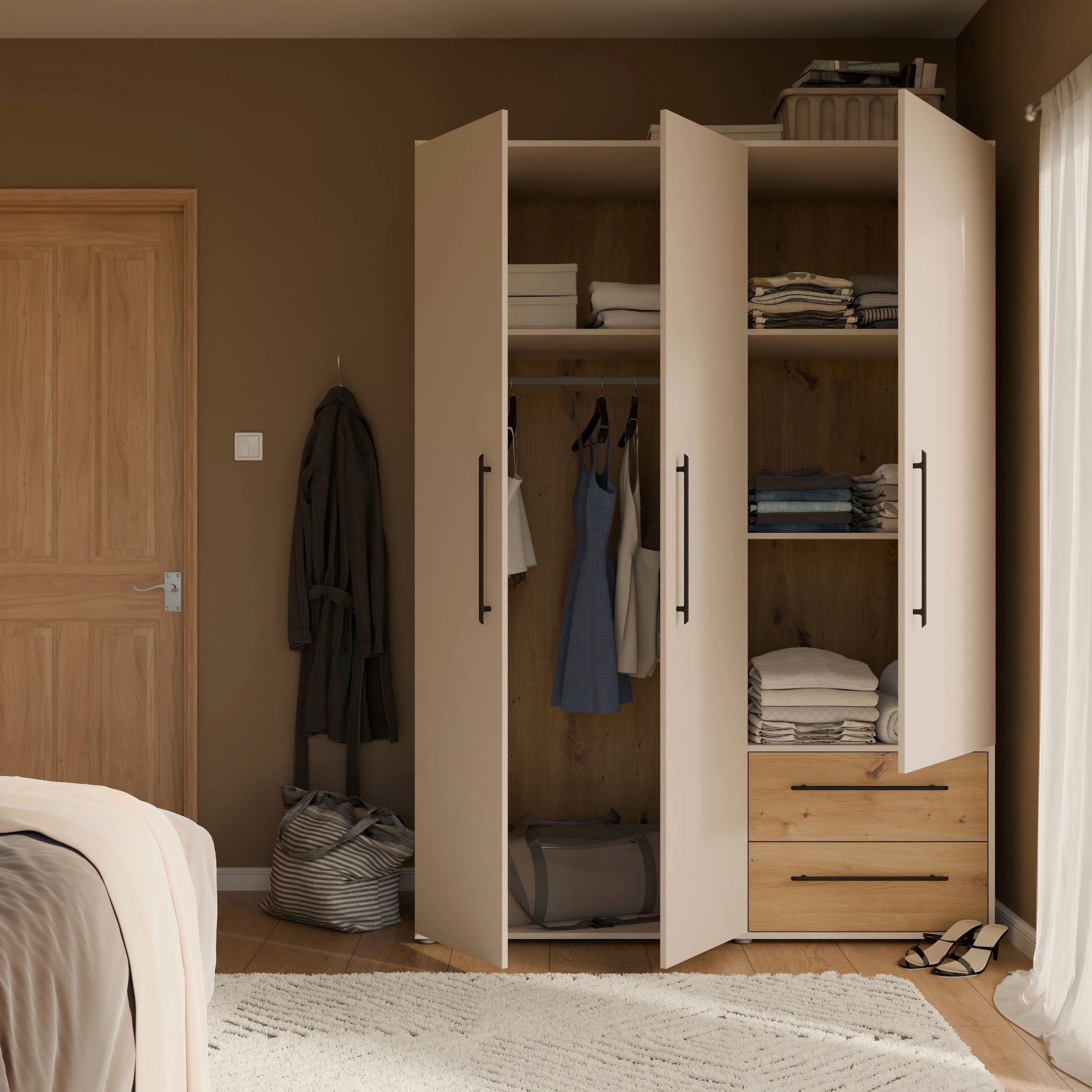 FORTE Kleiderschrank »Mokkaris , Garderobe, zeitloses Design, 3 Türen, Made in Europe« B/H/T ca. 144x200x59cm,  Zwei Schubladen, schwarze Stangengriffe, Stauraum, auch in Schwarz