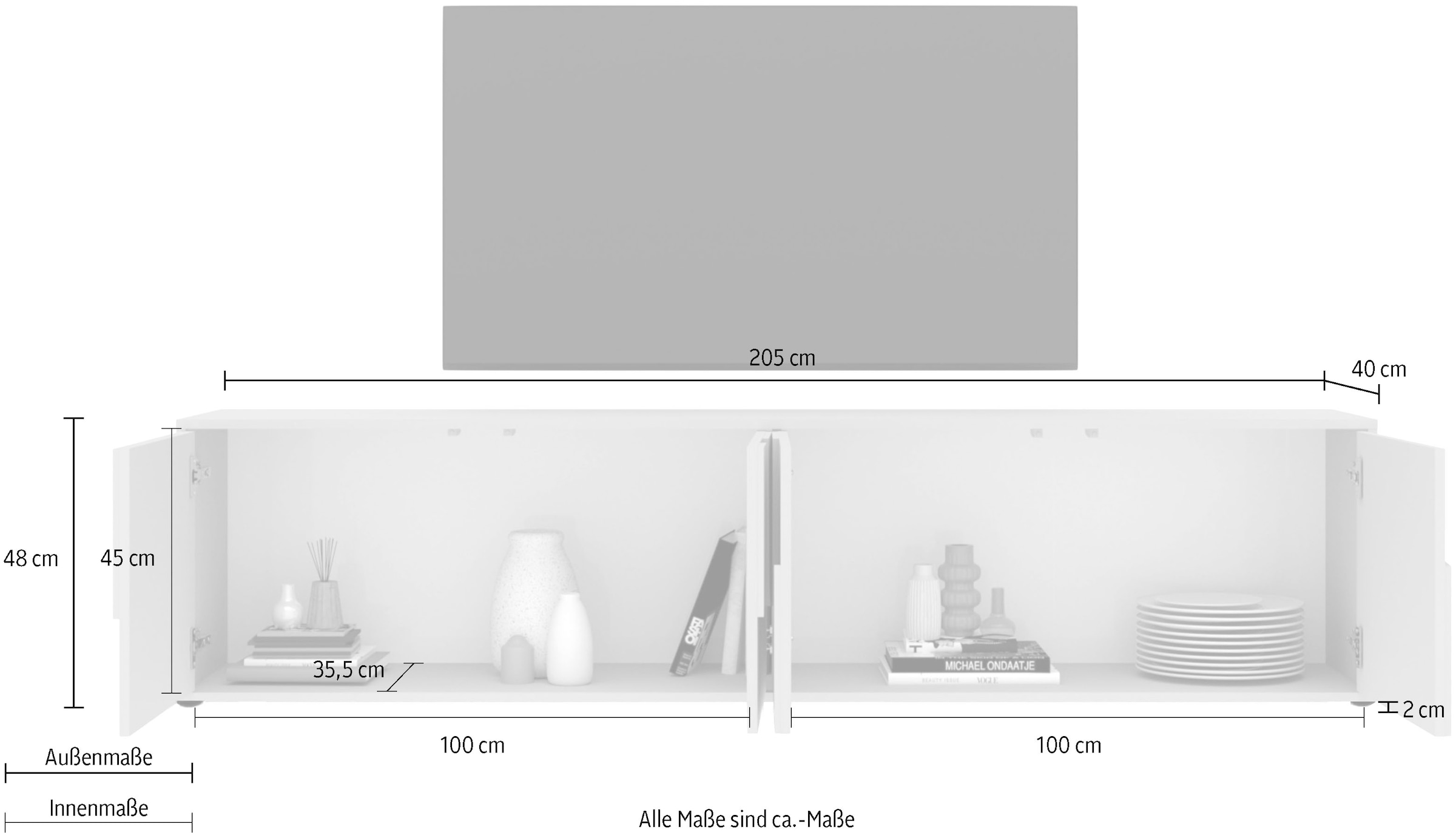 INOSIGN Lowboard »Stone, 205 cm breit, 4 Türen, TV-Schrank, TV-Kommode, Medienboard« 3D-Design, Push-to-open, Innenraum grosszügig, Füsse 14/2 cm wählbar
