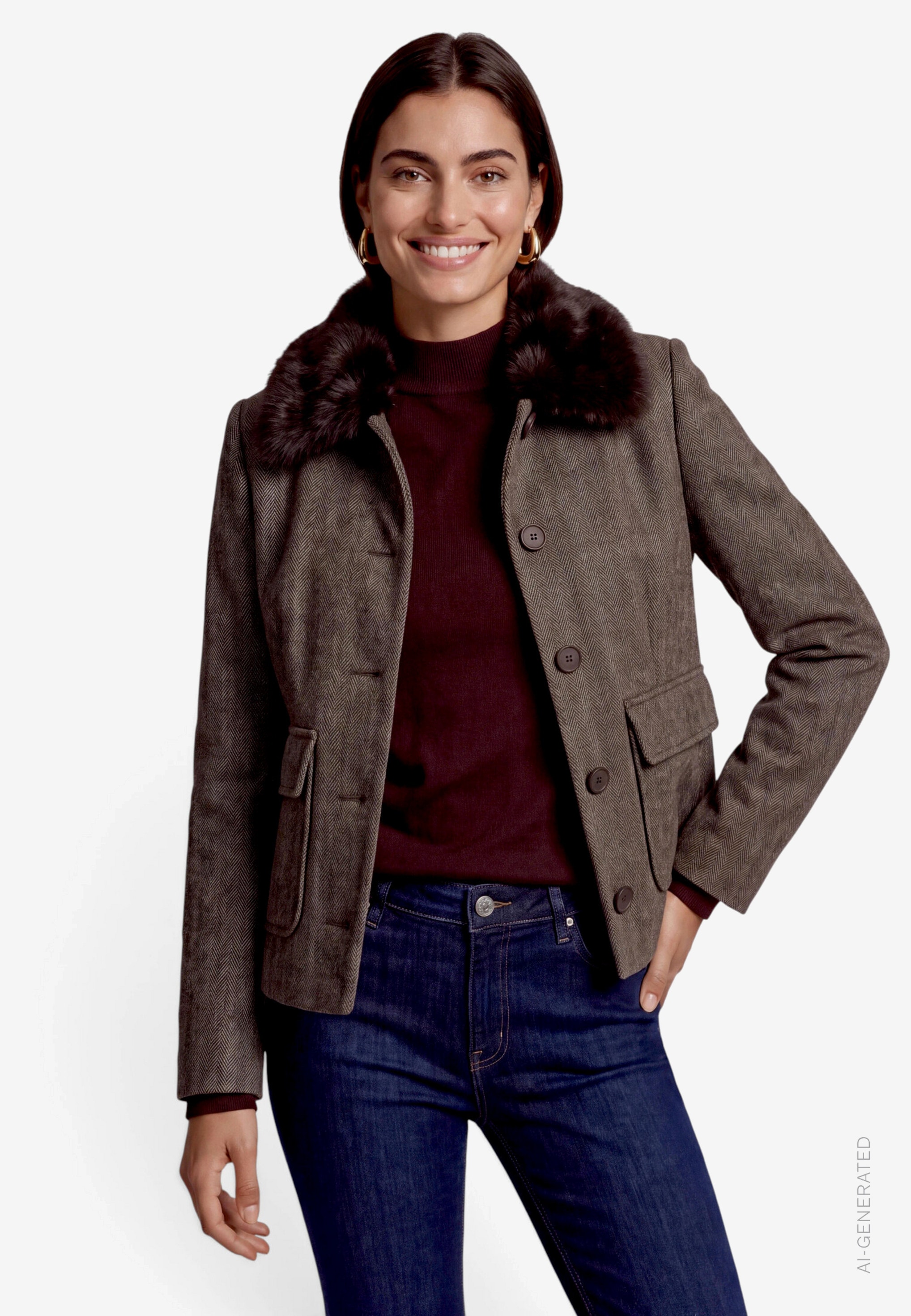 Image of Zero Kurzblazer Übergangsjacke mit Kunstfellkragen / Fischgratmuster