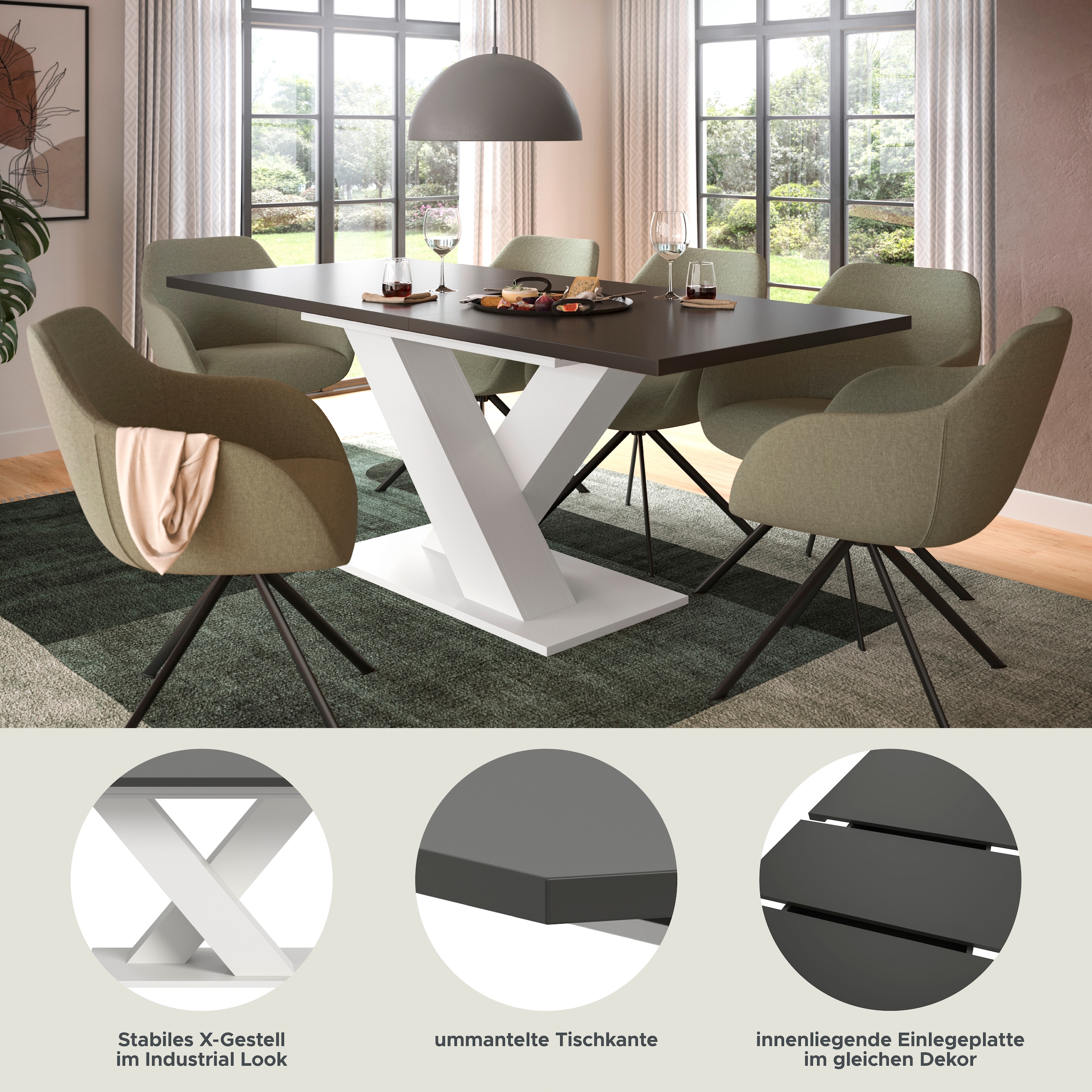 Home affaire Esstisch »Motus, ausziehbar 150 -190 cm, inklusive 40 cm Einlegeplatte« Set, 1 Stk. tlg. X-Gestell mit Bodenplatte, Tisch, Küchentisch, Esszimmer, Küche