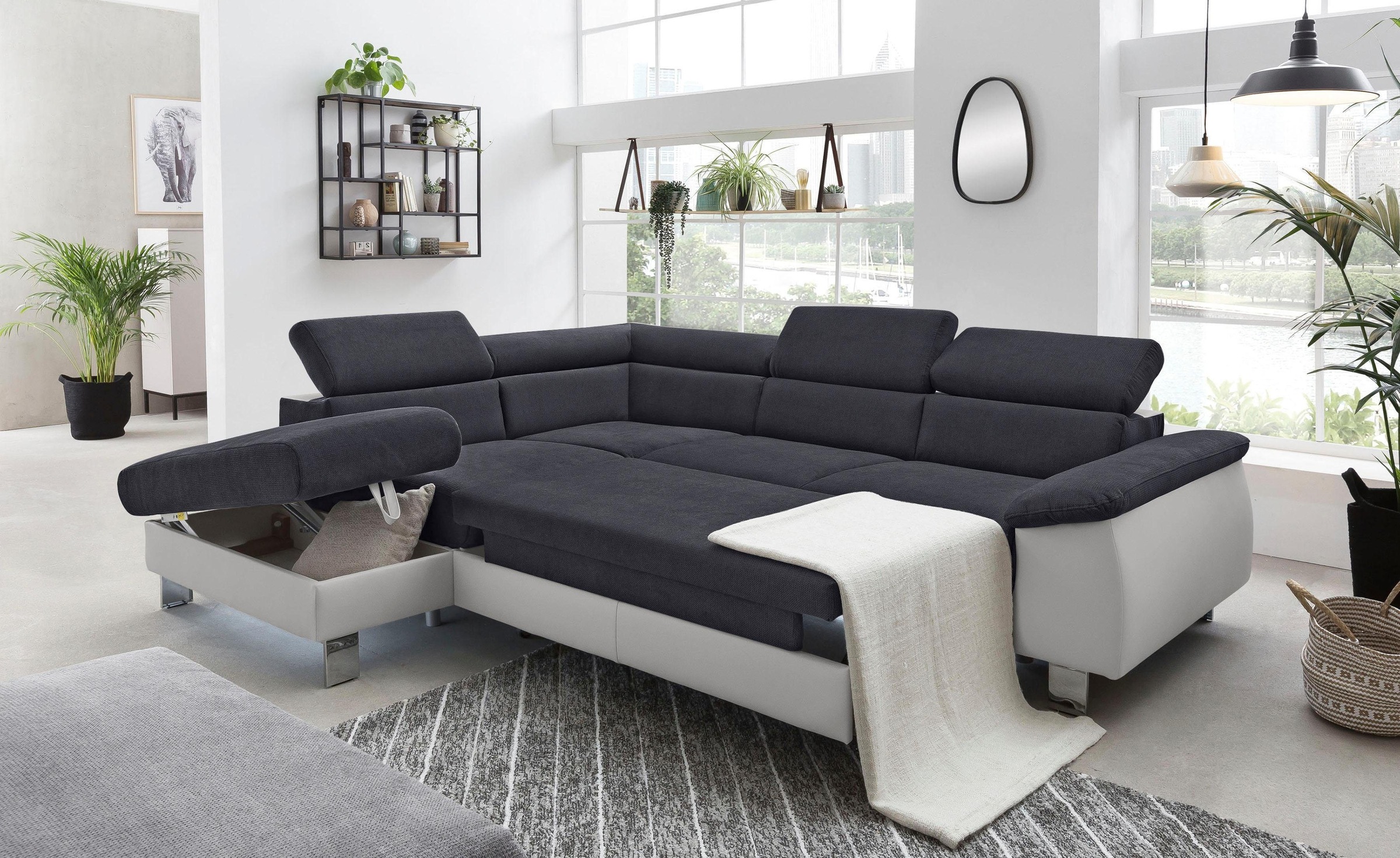 COTTA Ecksofa »Komaris L-Form mit Kopfteilverstellung«, wahlweise mit Bettfunktion, Bettkasten & Beleuchtung