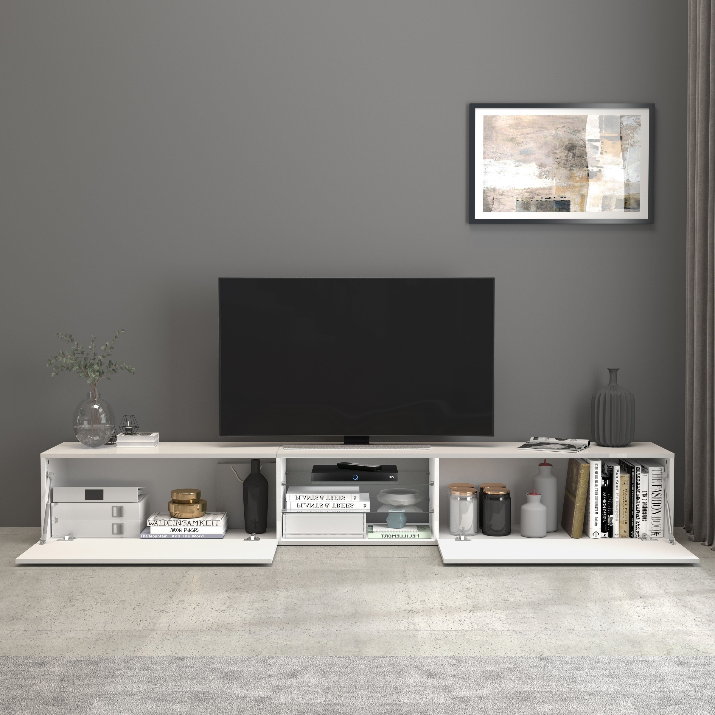 INOSIGN Lowboard »Egypt,Lowboard,TV-Kommode,TV-Möbel,TV-Bank«, mit 2 Klappen, 2 Glasböden,kompl. Hochgl. lackiert (B/T/H)240x38x35 cm
